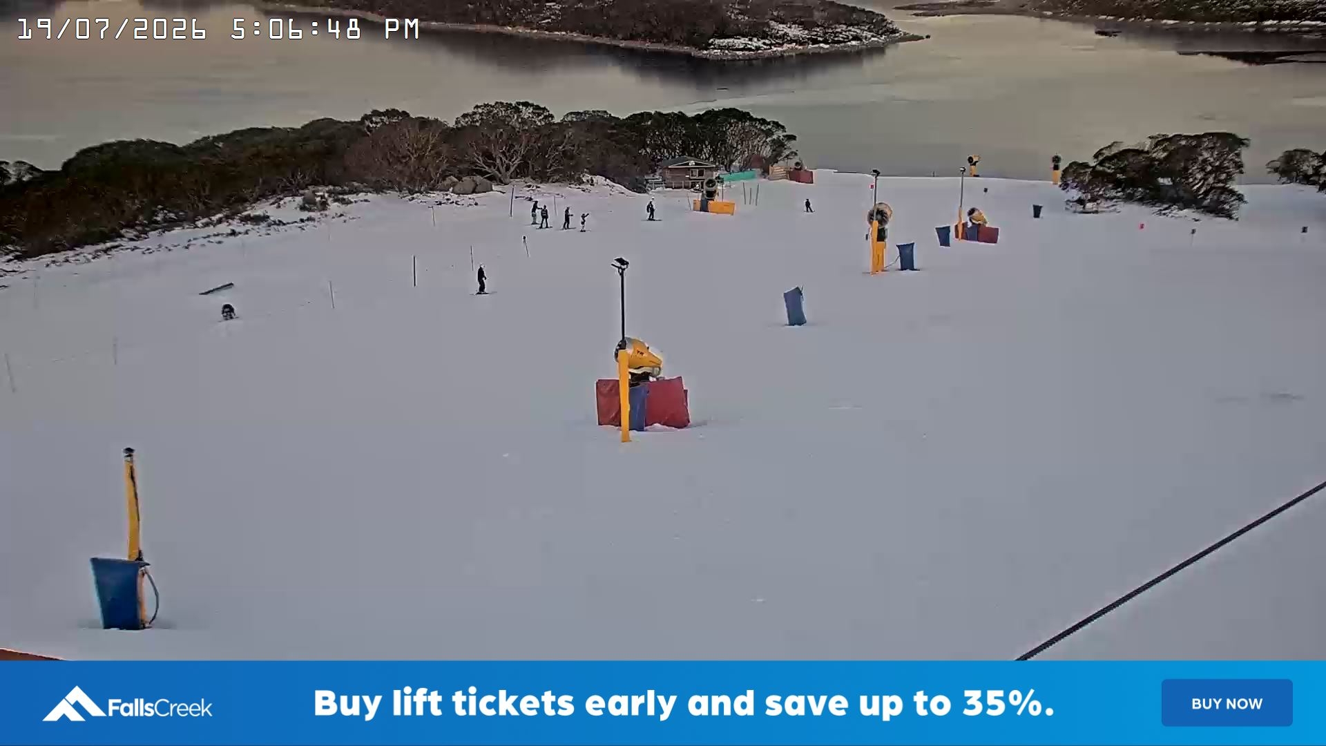 Falls Creek Drover's Dream Lake View snow cam captured at 19 July 2026 at 5:11 pm AEST