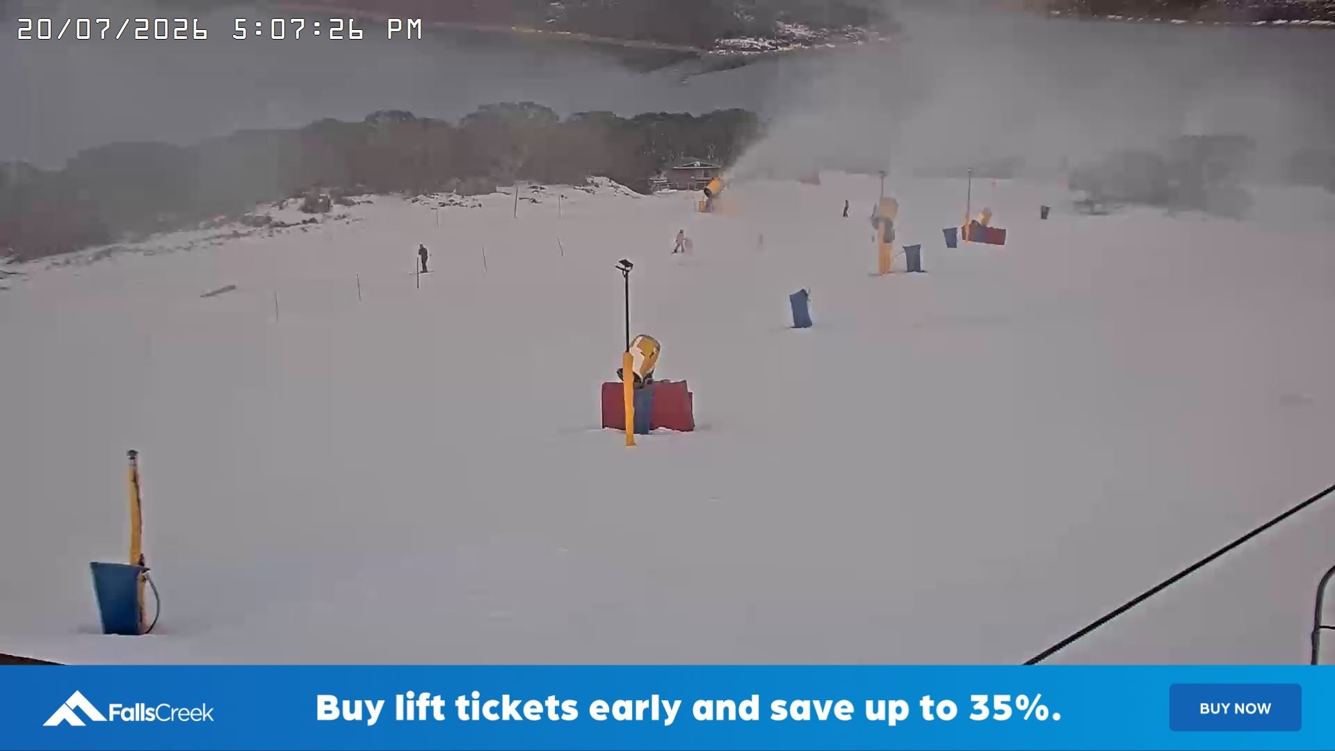 Falls Creek Drover's Dream Lake View snow cam captured at 20 July 2026 at 5:12 pm AEST