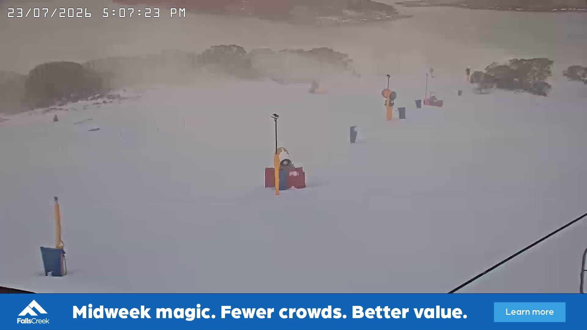Falls Creek Drover's Dream Lake View snow cam captured at 23 July 2026 at 5:16 pm AEST