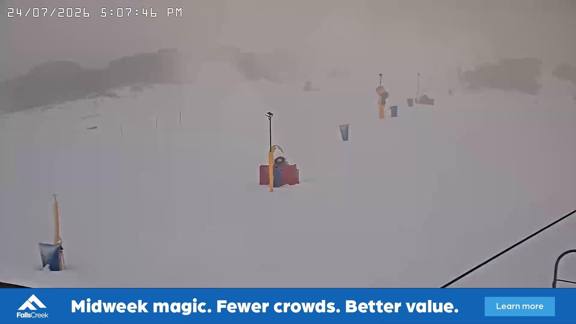Falls Creek Drover's Dream Lake View snow cam captured at 24 July 2026 at 5:17 pm AEST