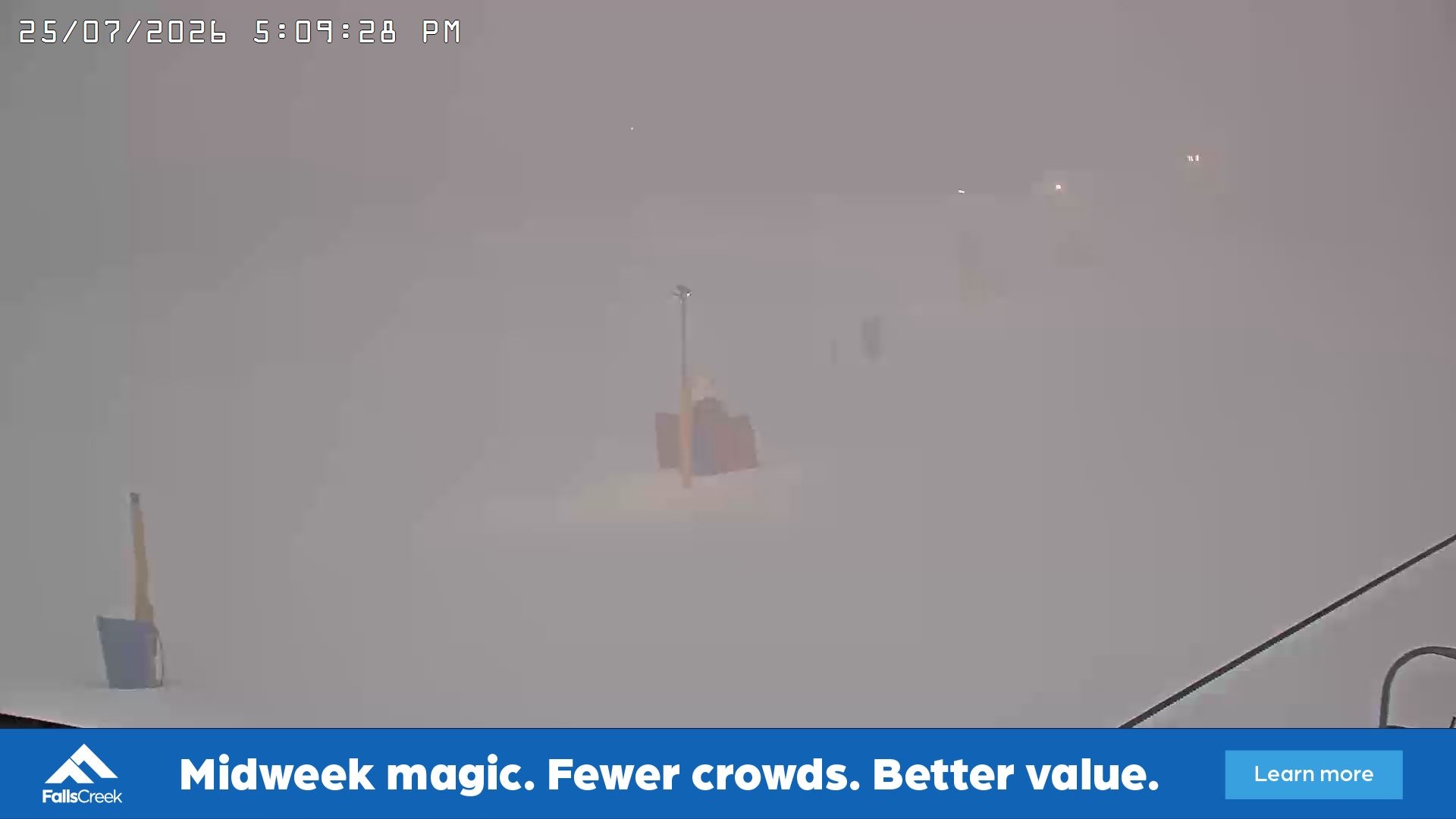 Falls Creek Drover's Dream Lake View snow cam captured at 25 July 2026 at 5:19 pm AEST