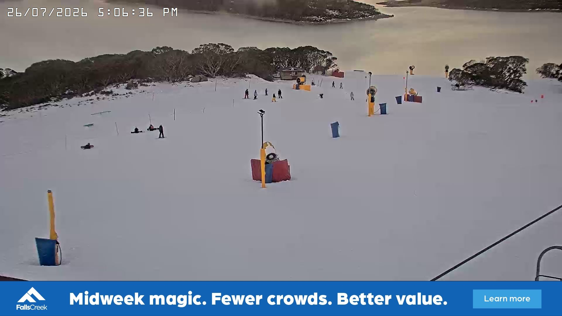 Falls Creek Drover's Dream Lake View snow cam captured at 26 July 2026 at 5:20 pm AEST