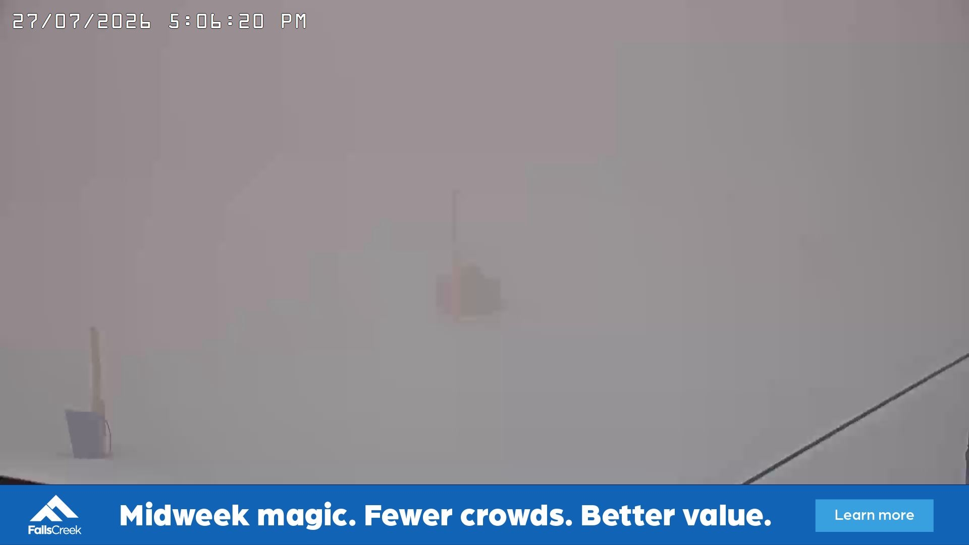 Falls Creek Drover's Dream Lake View snow cam captured at 27 July 2026 at 5:10 pm AEST