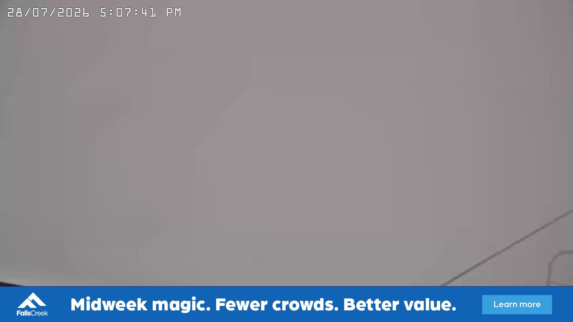 Falls Creek Drover's Dream Lake View snow cam captured at 28 July 2026 at 5:11 pm AEST