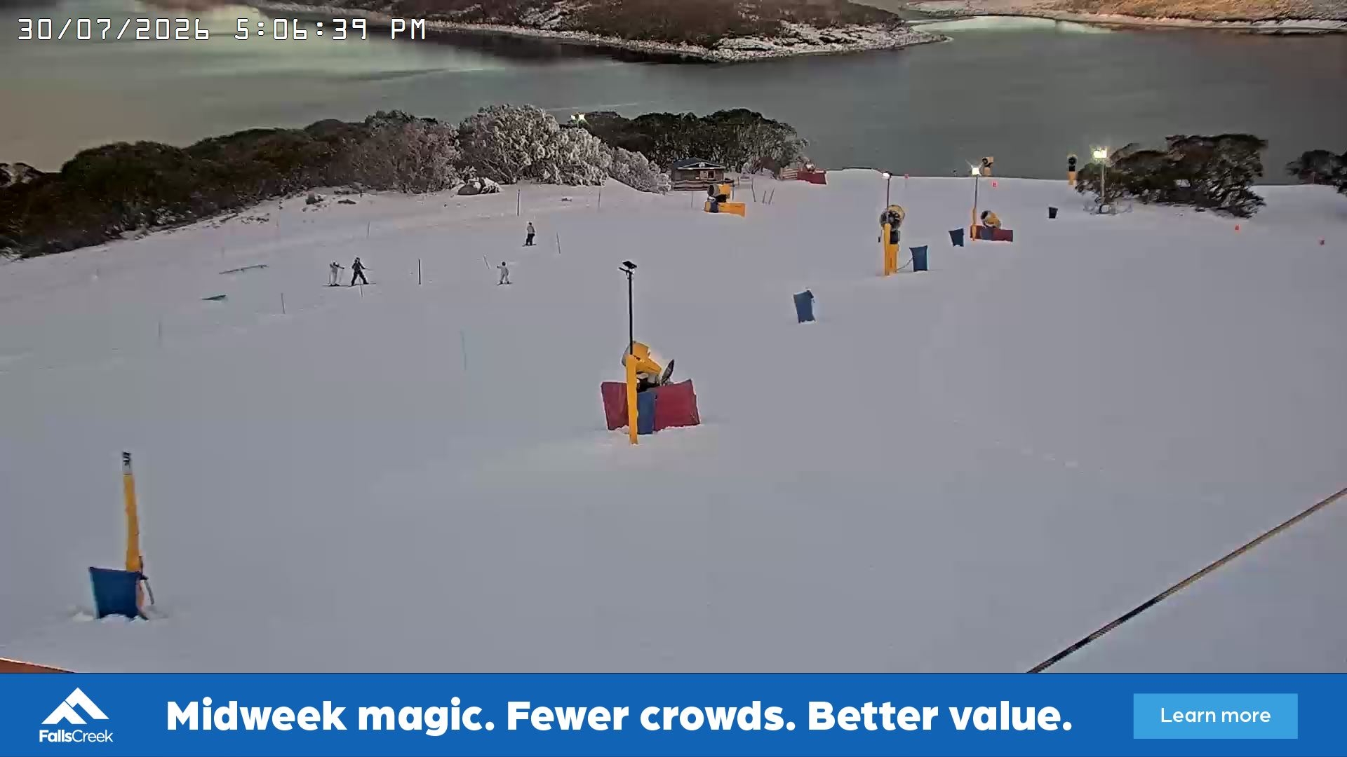 Falls Creek Drover's Dream Lake View snow cam captured at 30 July 2026 at 5:12 pm AEST