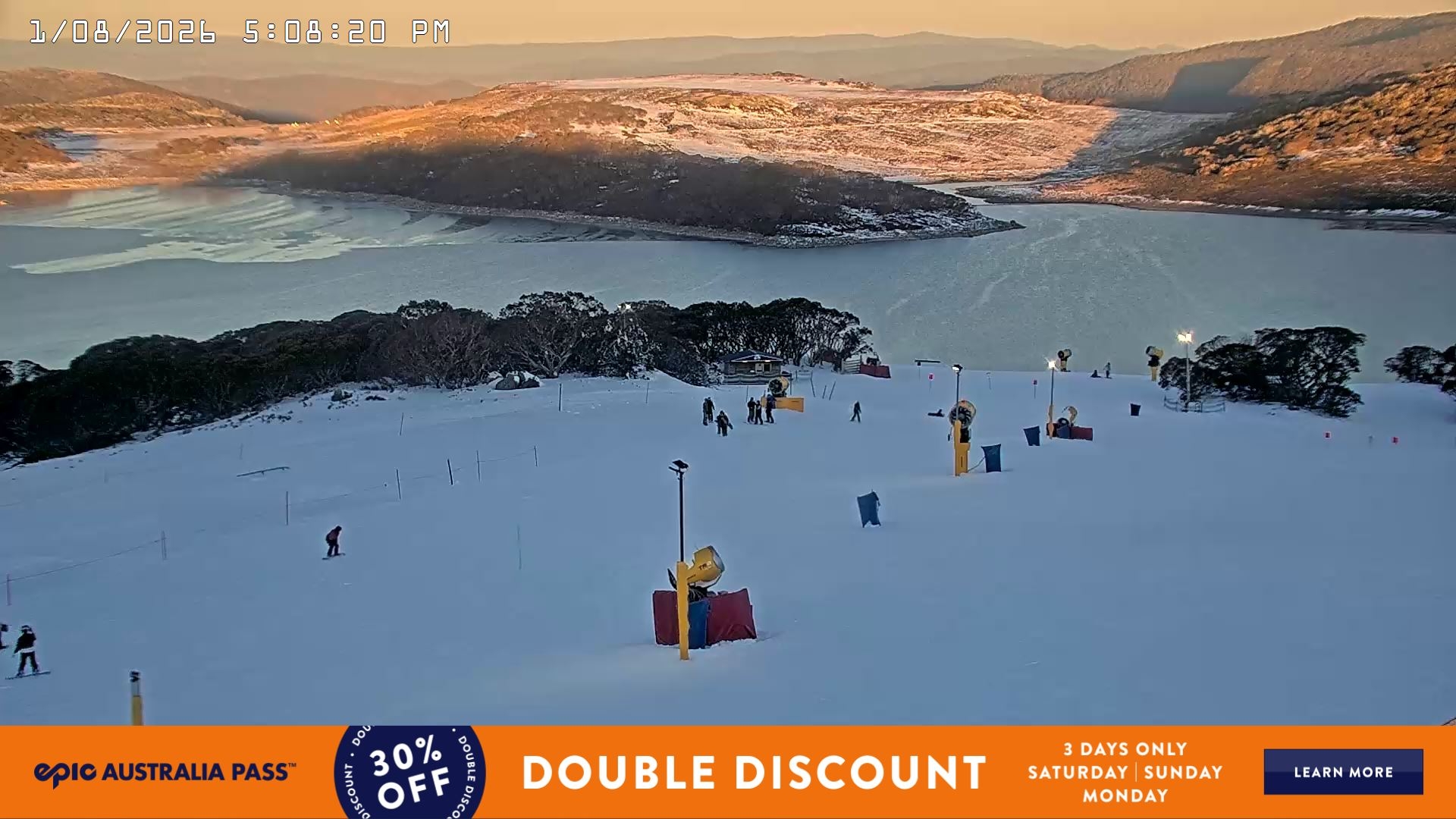 Falls Creek Drover's Dream Lake View snow cam captured at 1 August 2026 at 5:19 pm AEST