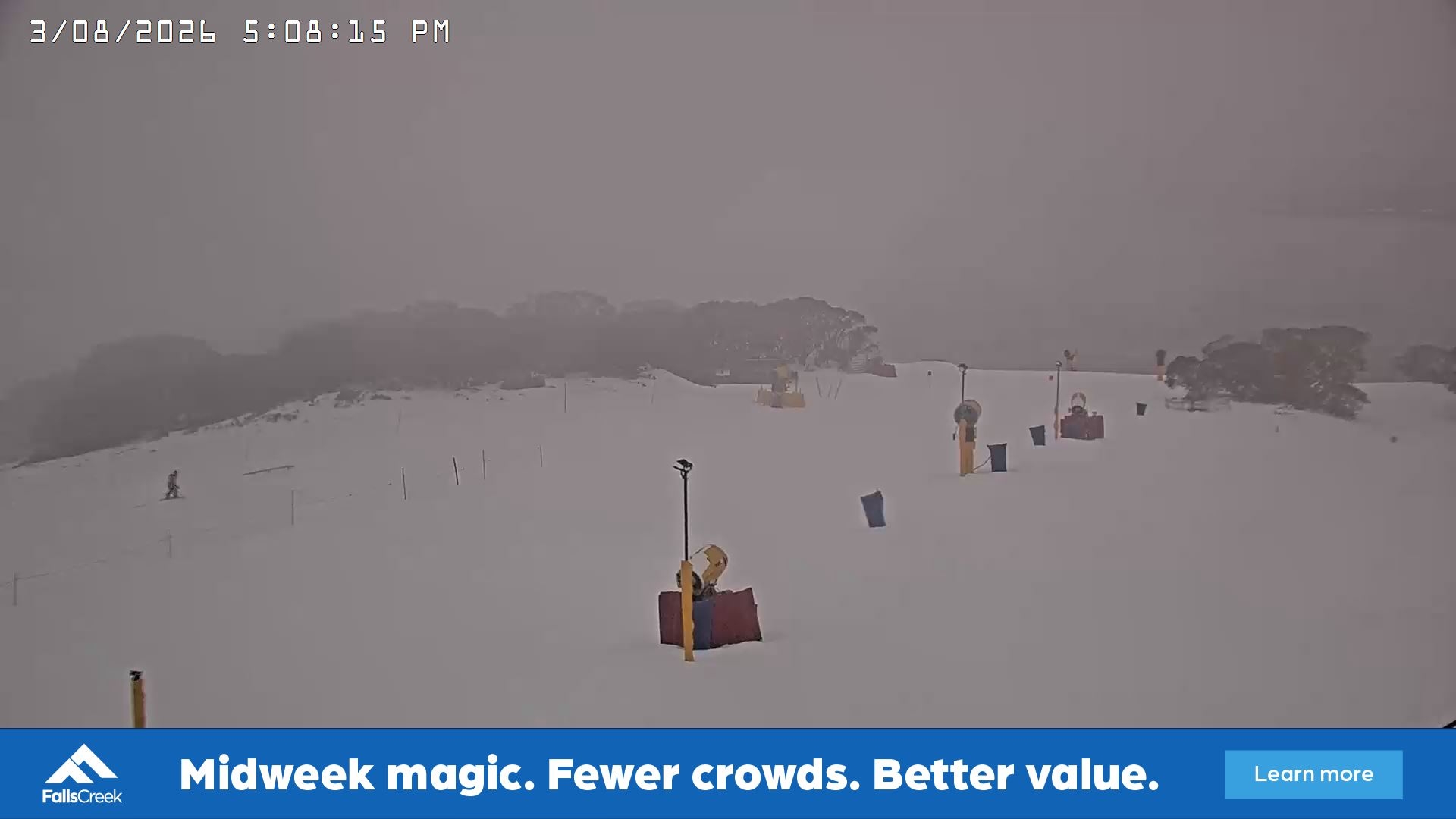 Falls Creek Drover's Dream Lake View snow cam captured at 3 August 2026 at 5:17 pm AEST