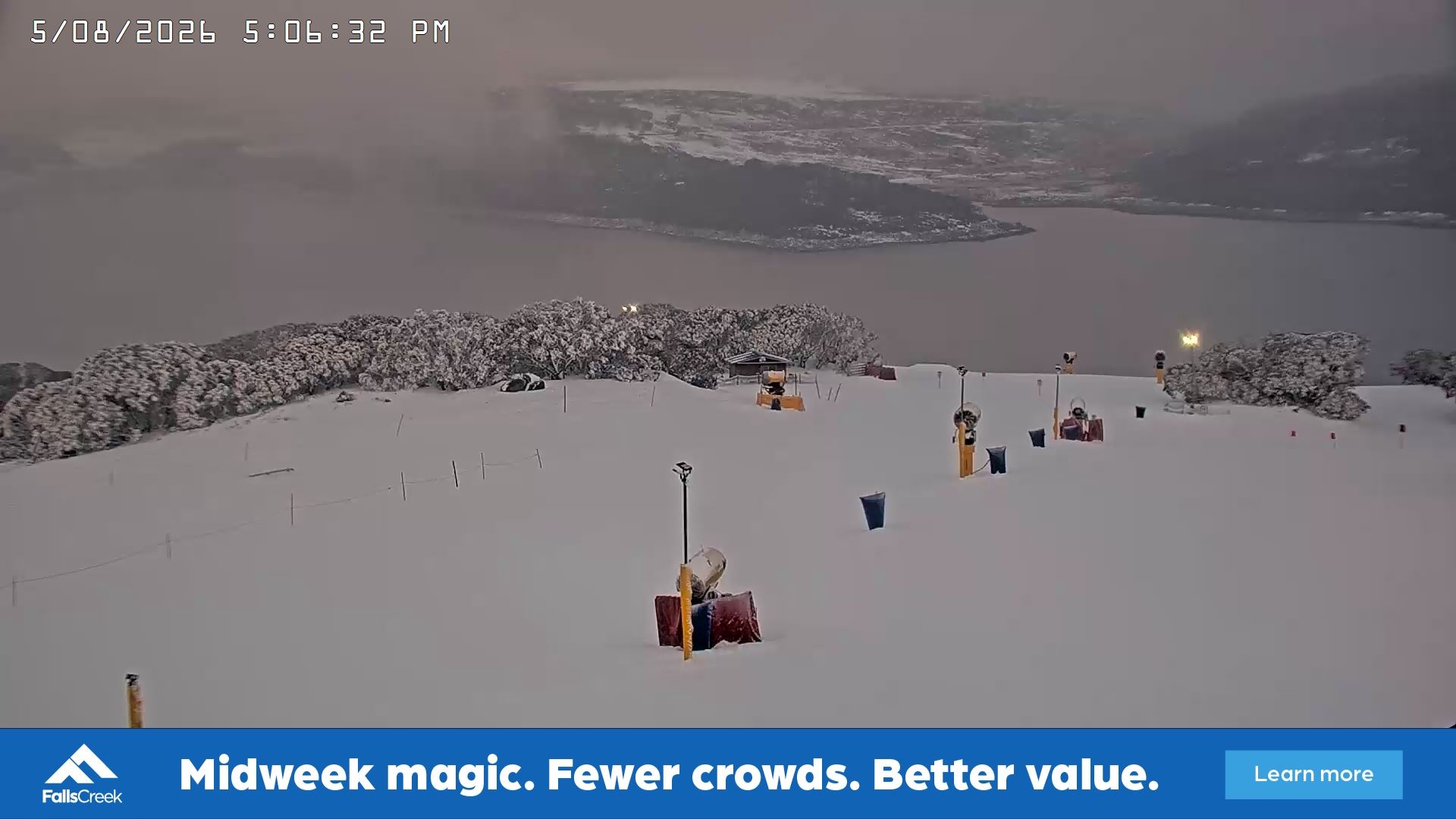 Falls Creek Drover's Dream Lake View snow cam captured at 5 August 2026 at 5:14 pm AEST