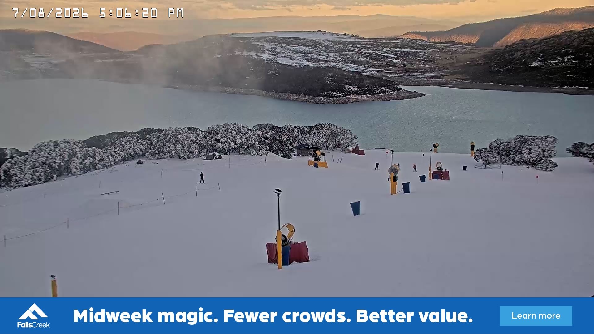Falls Creek Drover's Dream Lake View snow cam captured at 7 August 2026 at 5:15 pm AEST