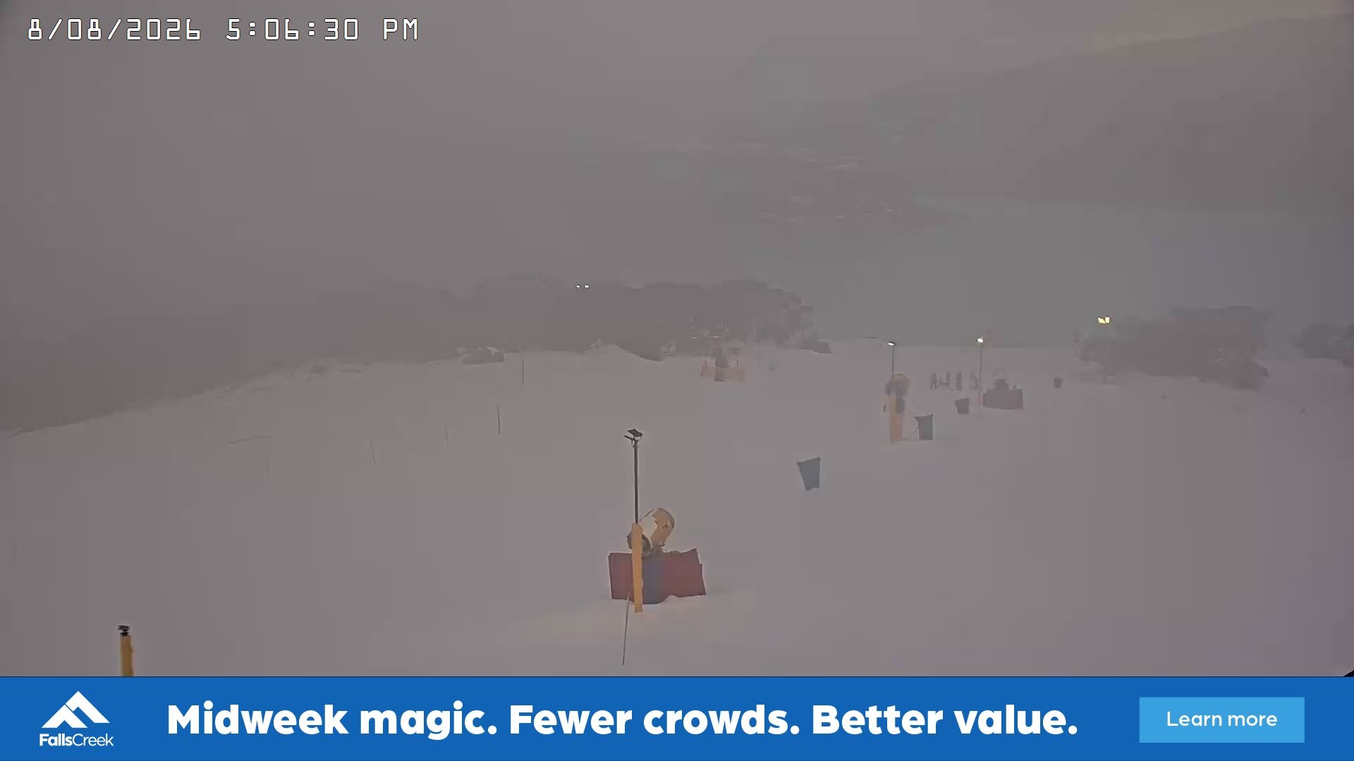 Falls Creek Drover's Dream Lake View snow cam captured at 8 August 2026 at 5:16 pm AEST