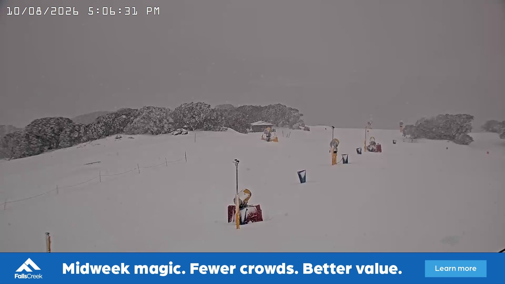 Falls Creek Drover's Dream Lake View snow cam captured at 10 August 2026 at 5:12 pm AEST