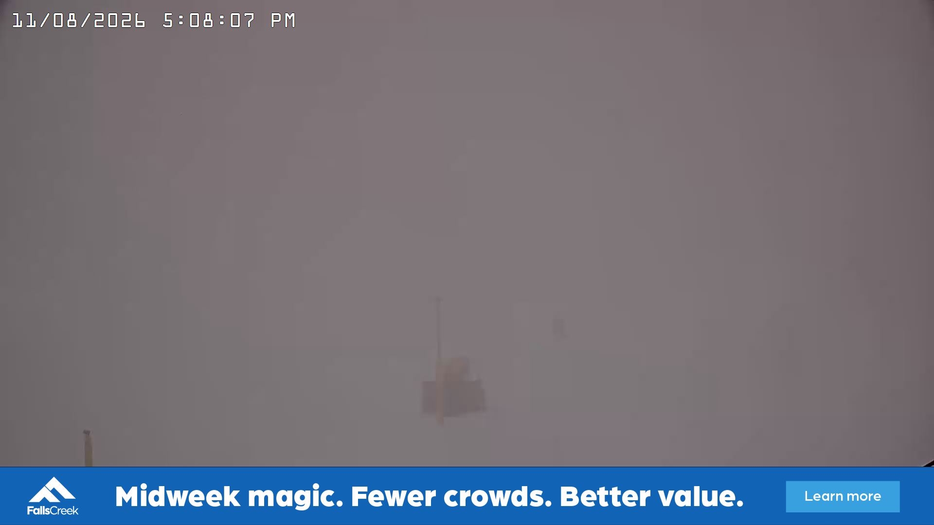 Falls Creek Drover's Dream Lake View snow cam captured at 11 August 2026 at 5:13 pm AEST