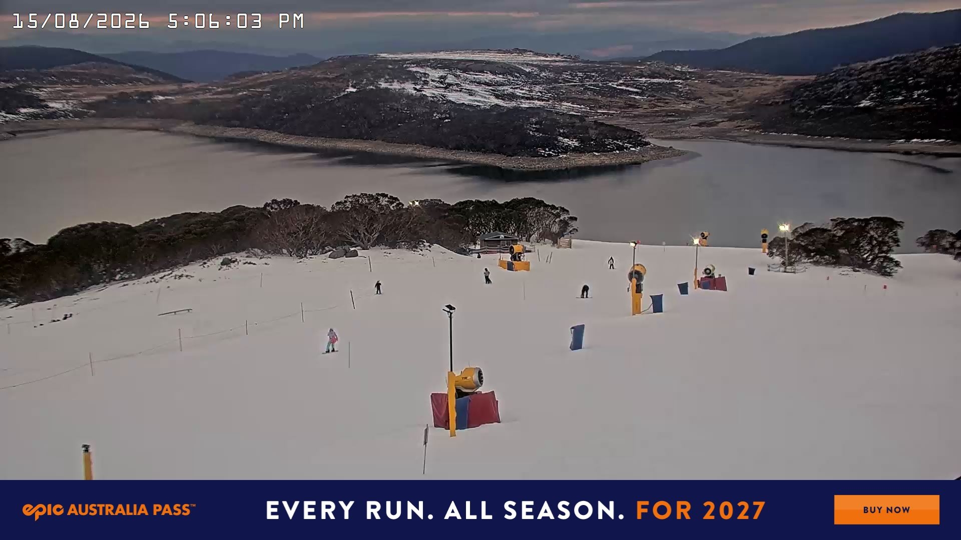 Falls Creek Drover's Dream Lake View snow cam captured at 15 August 2026 at 5:20 pm AEST