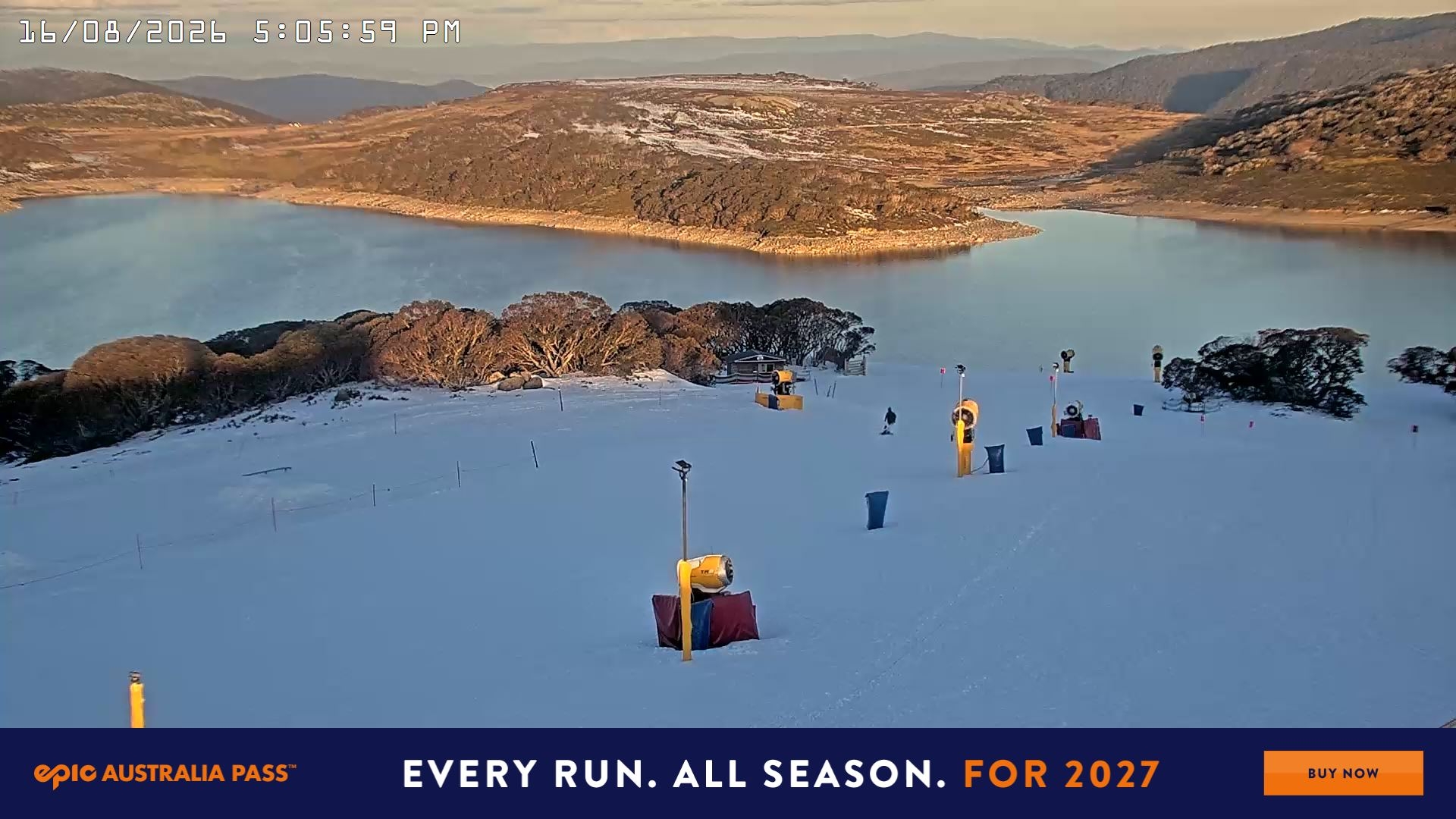 Falls Creek Drover's Dream Lake View snow cam captured at 16 August 2026 at 5:21 pm AEST
