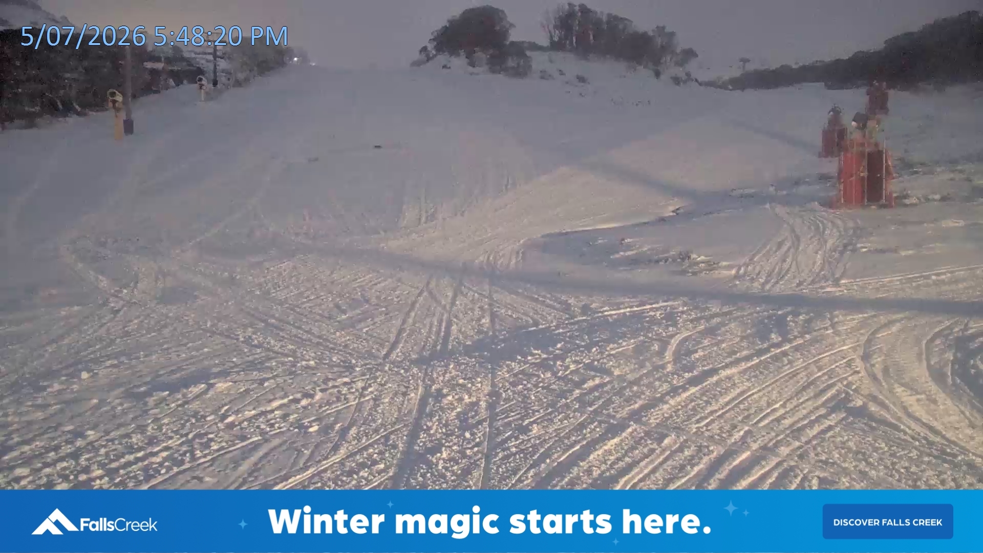 Falls Creek Towers Chair snow cam captured at 5 July 2026 at 5:52 pm AEST