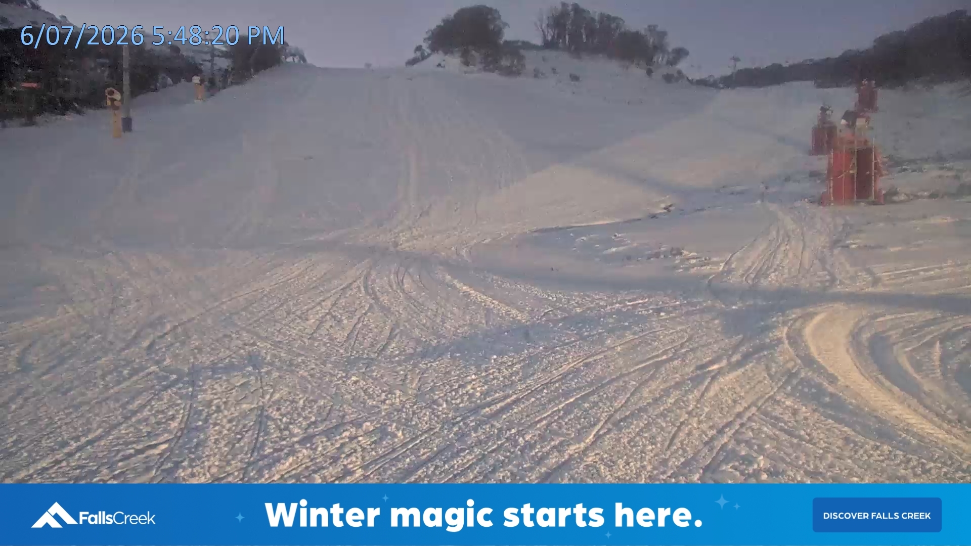 Falls Creek Towers Chair snow cam captured at 6 July 2026 at 5:53 pm AEST