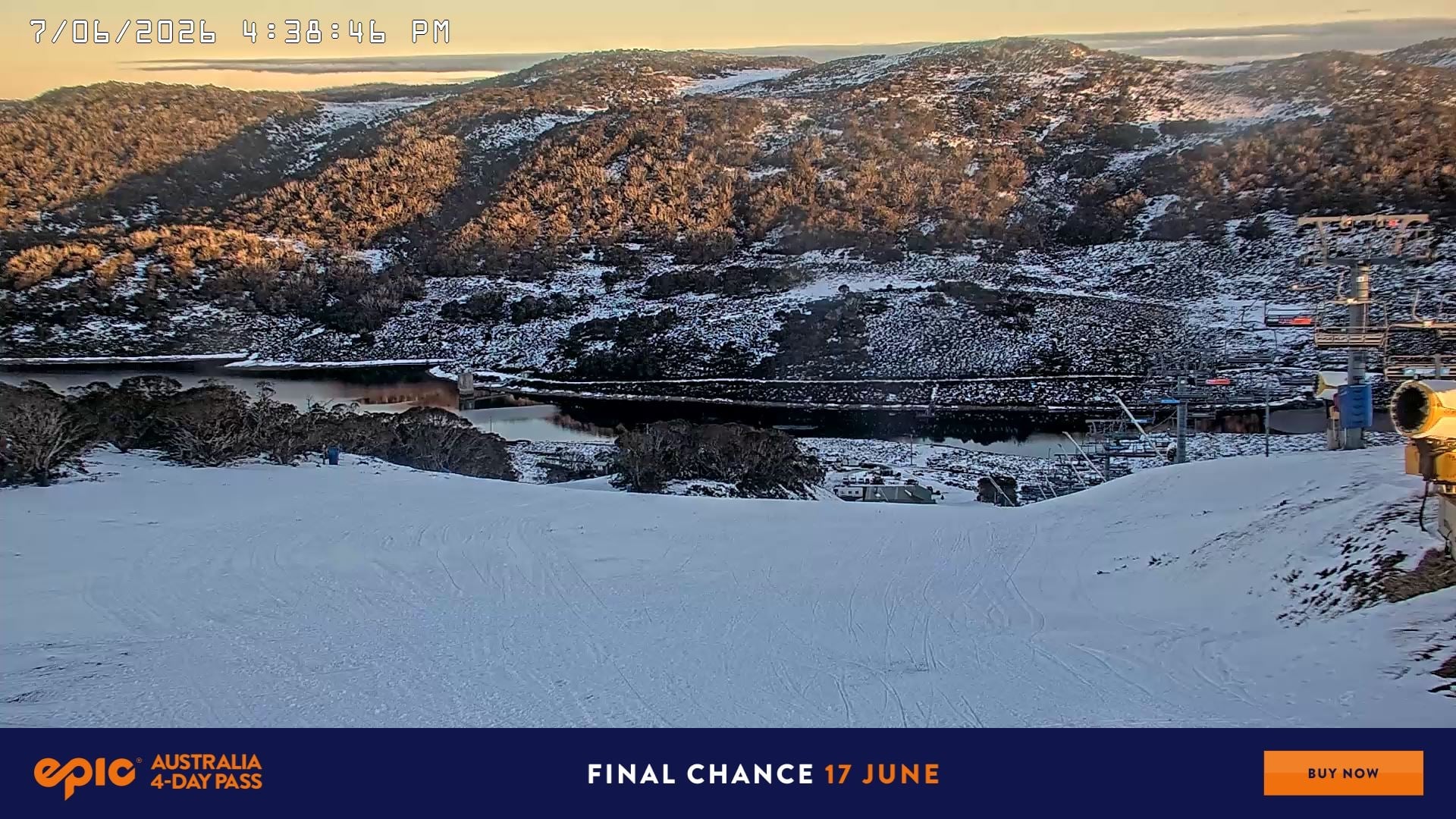 Falls Creek Main Street snow cam captured at 7 June 2026, 6:45 am