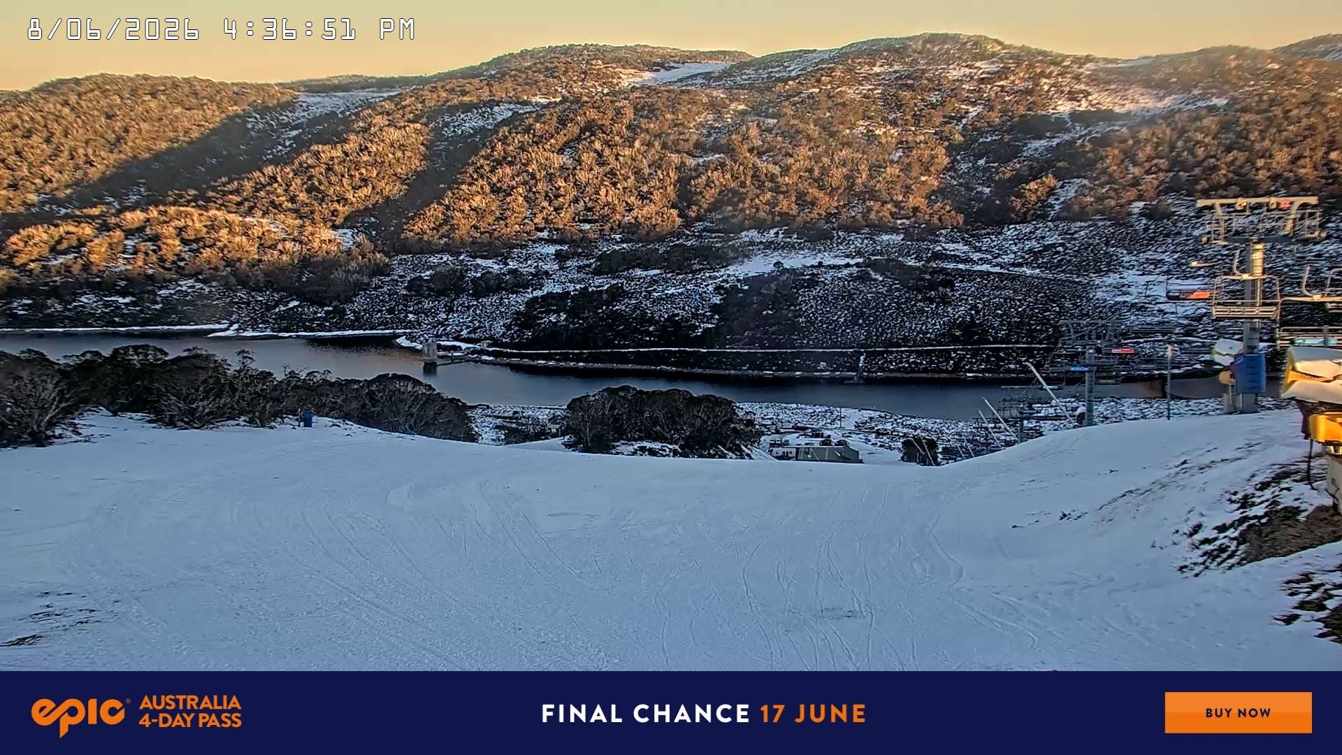 Falls Creek Main Street snow cam captured at 8 June 2026, 6:46 am