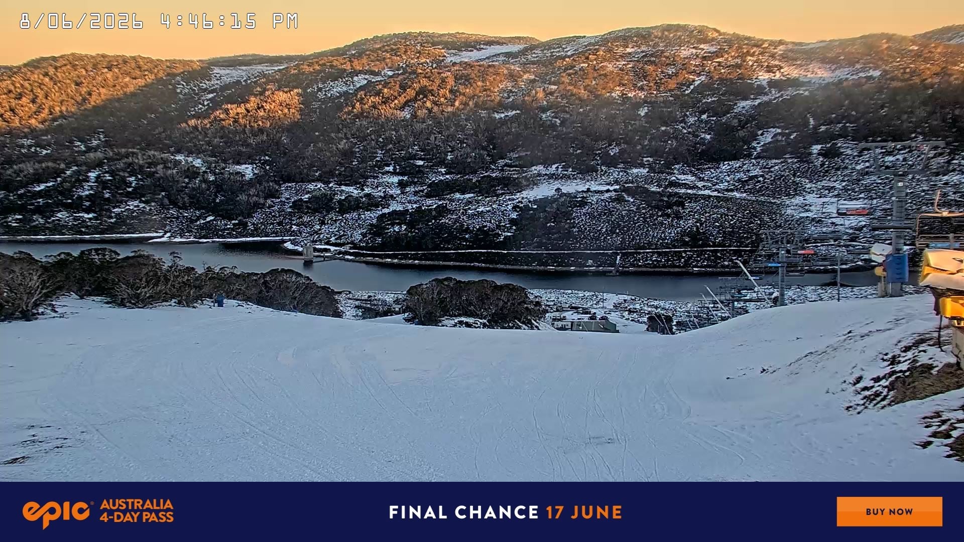 Falls Creek Main Street snow cam captured at 8 June 2026, 6:52 am
