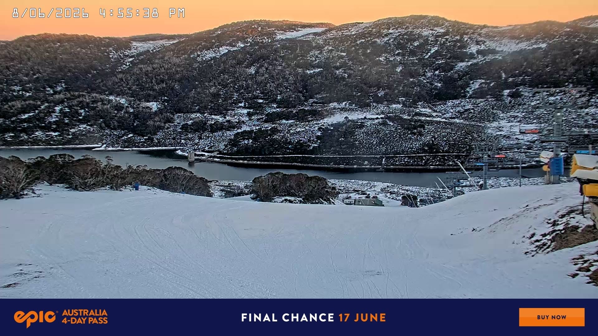 Falls Creek Main Street snow cam captured at 8 June 2026, 7:04 am
