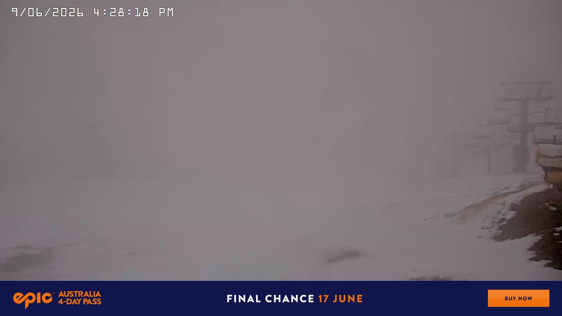 Falls Creek Main Street snow cam captured at 9 June 2026, 6:34 am