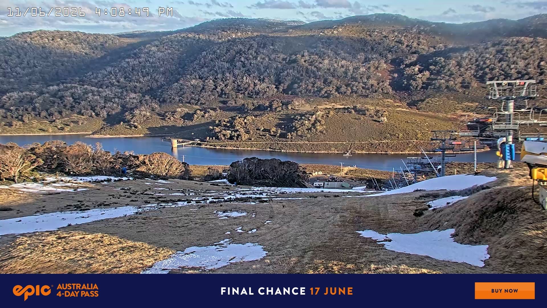 Falls Creek Main Street snow cam captured at 11 June 2026, 6:14 am