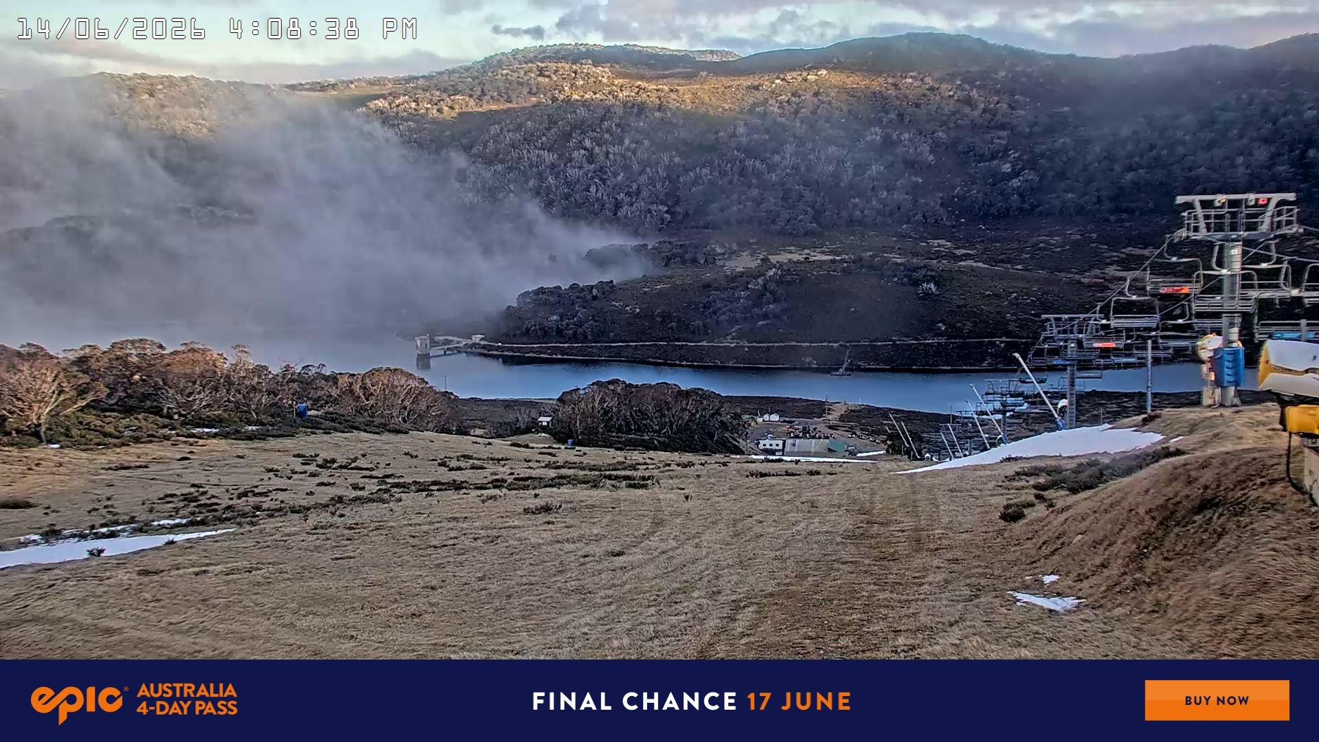 Falls Creek Main Street snow cam captured at 14 June 2026, 6:15 am