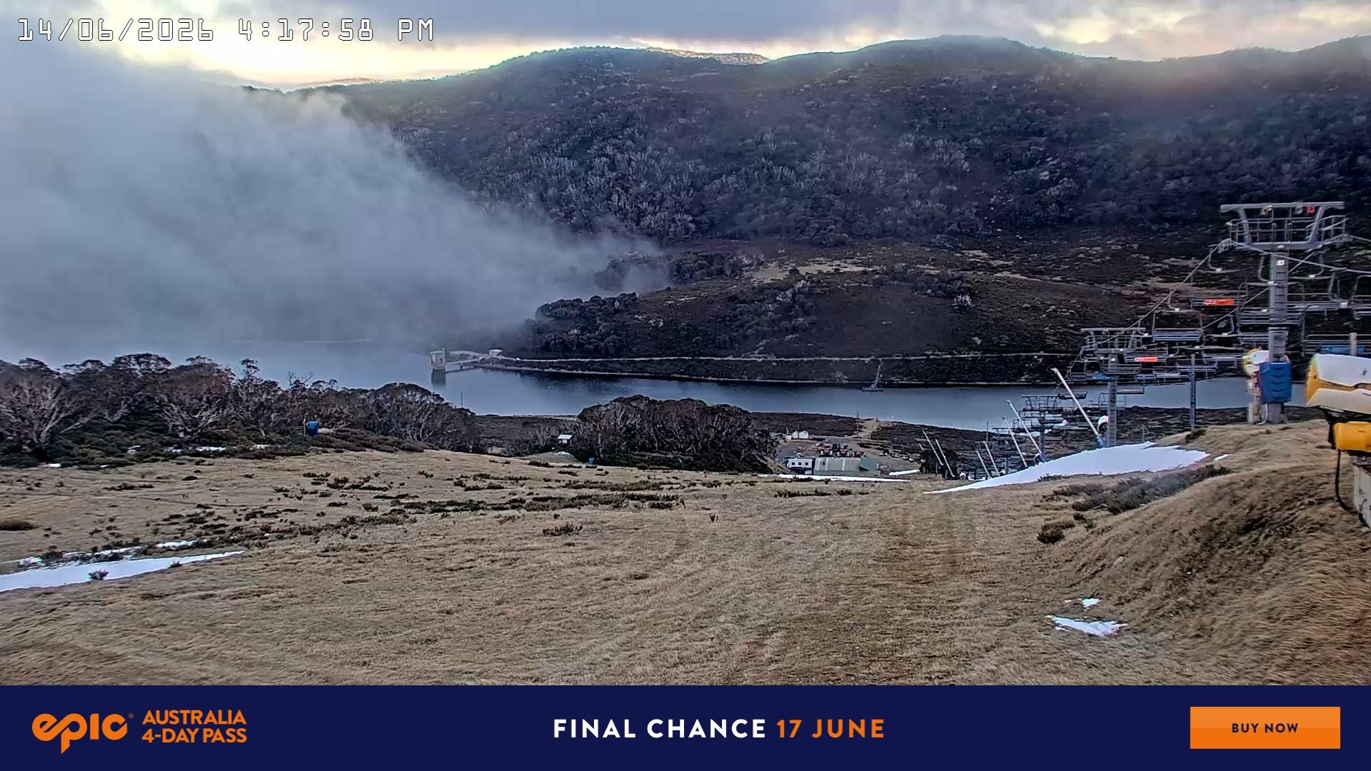 Falls Creek Main Street snow cam captured at 14 June 2026, 6:21 am