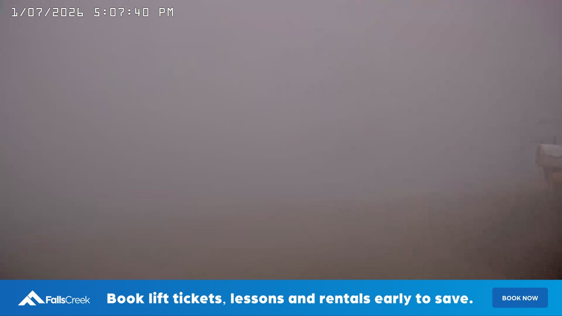 Falls Creek Main Street snow cam captured at 1 July 2026 at 5:10 pm AEST