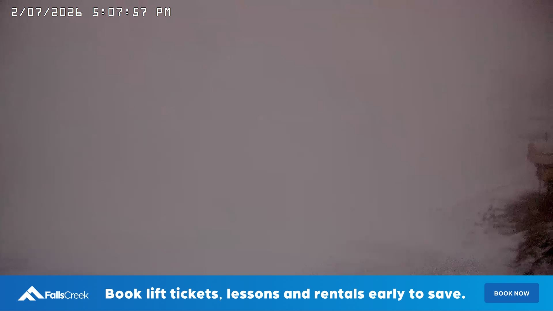 Falls Creek Main Street snow cam captured at 2 July 2026 at 5:16 pm AEST