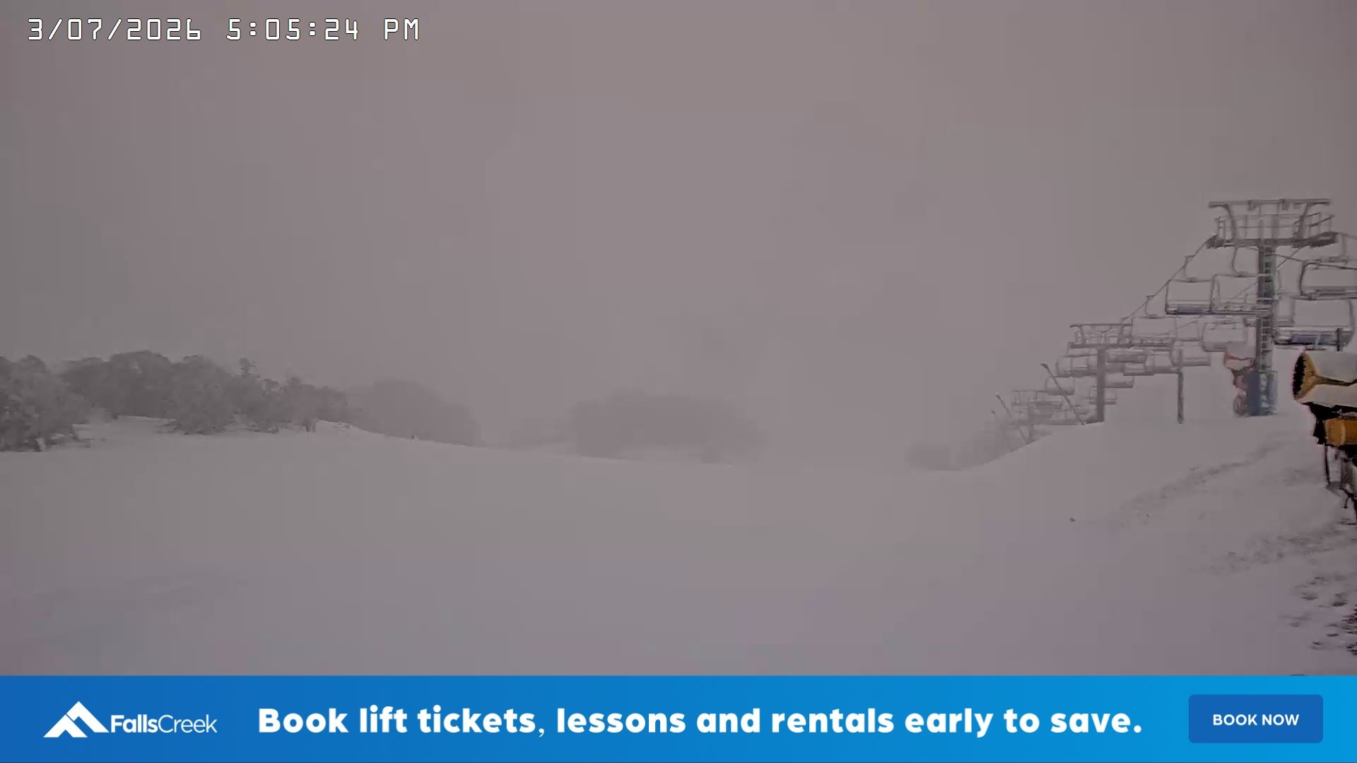 Falls Creek Main Street snow cam captured at 3 July 2026 at 5:17 pm AEST