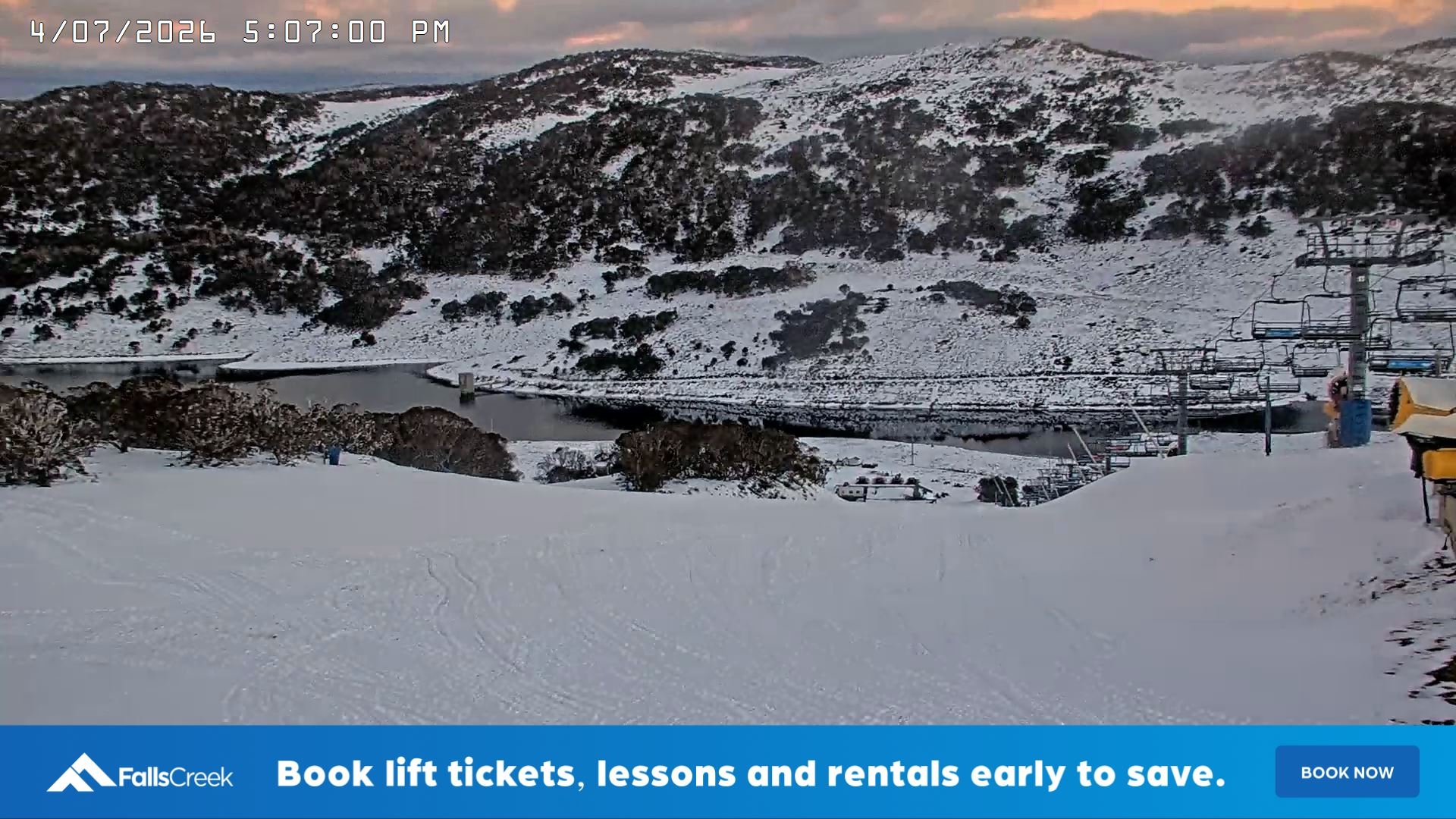 Falls Creek Main Street snow cam captured at 4 July 2026 at 5:18 pm AEST