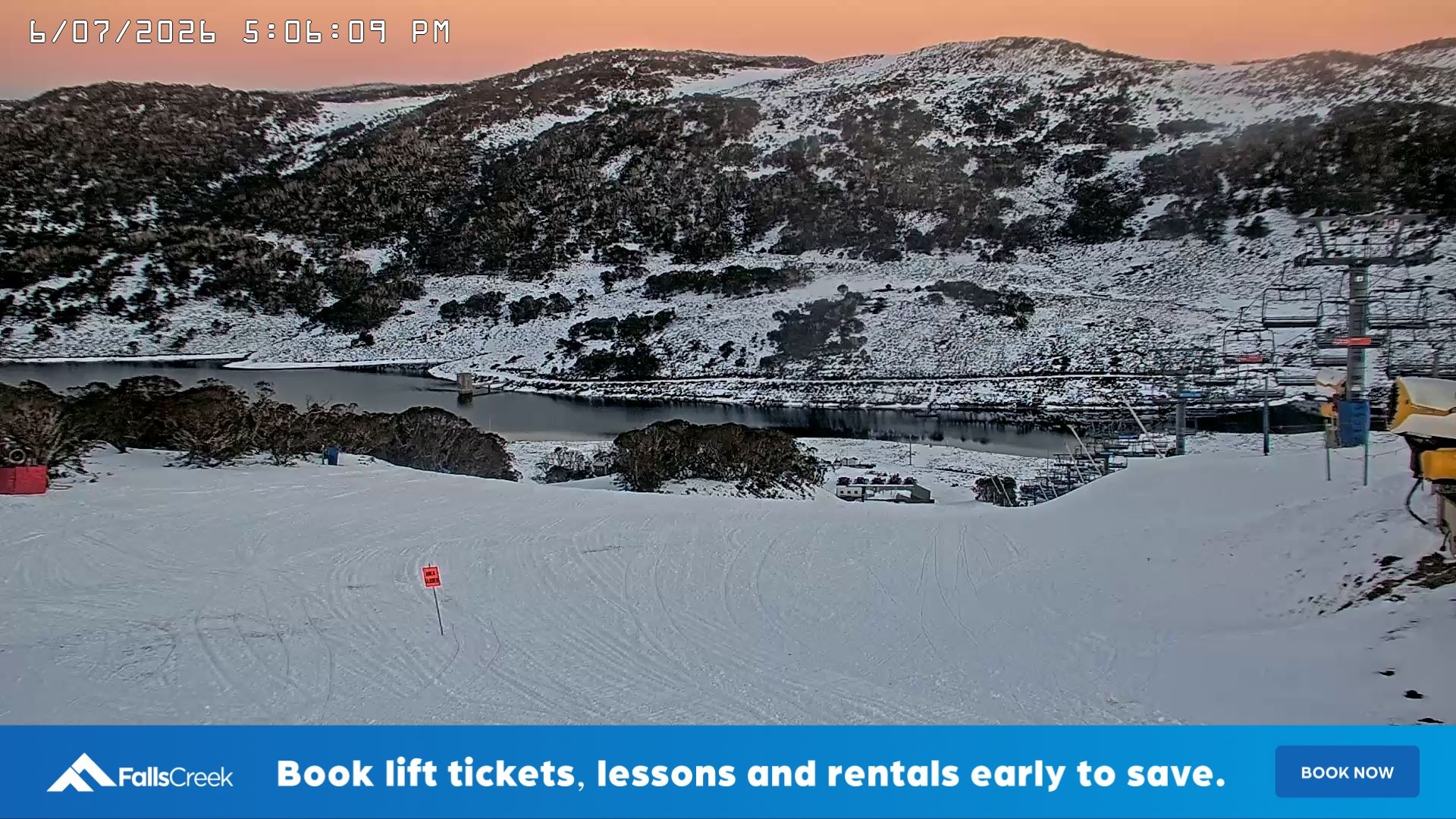 Falls Creek Main Street snow cam captured at 6 July 2026 at 5:20 pm AEST