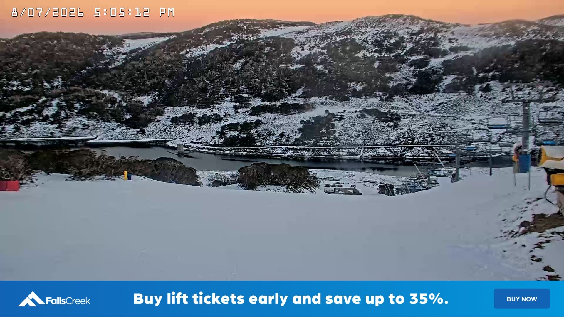 Falls Creek Main Street snow cam captured at 8 July 2026 at 5:13 pm AEST