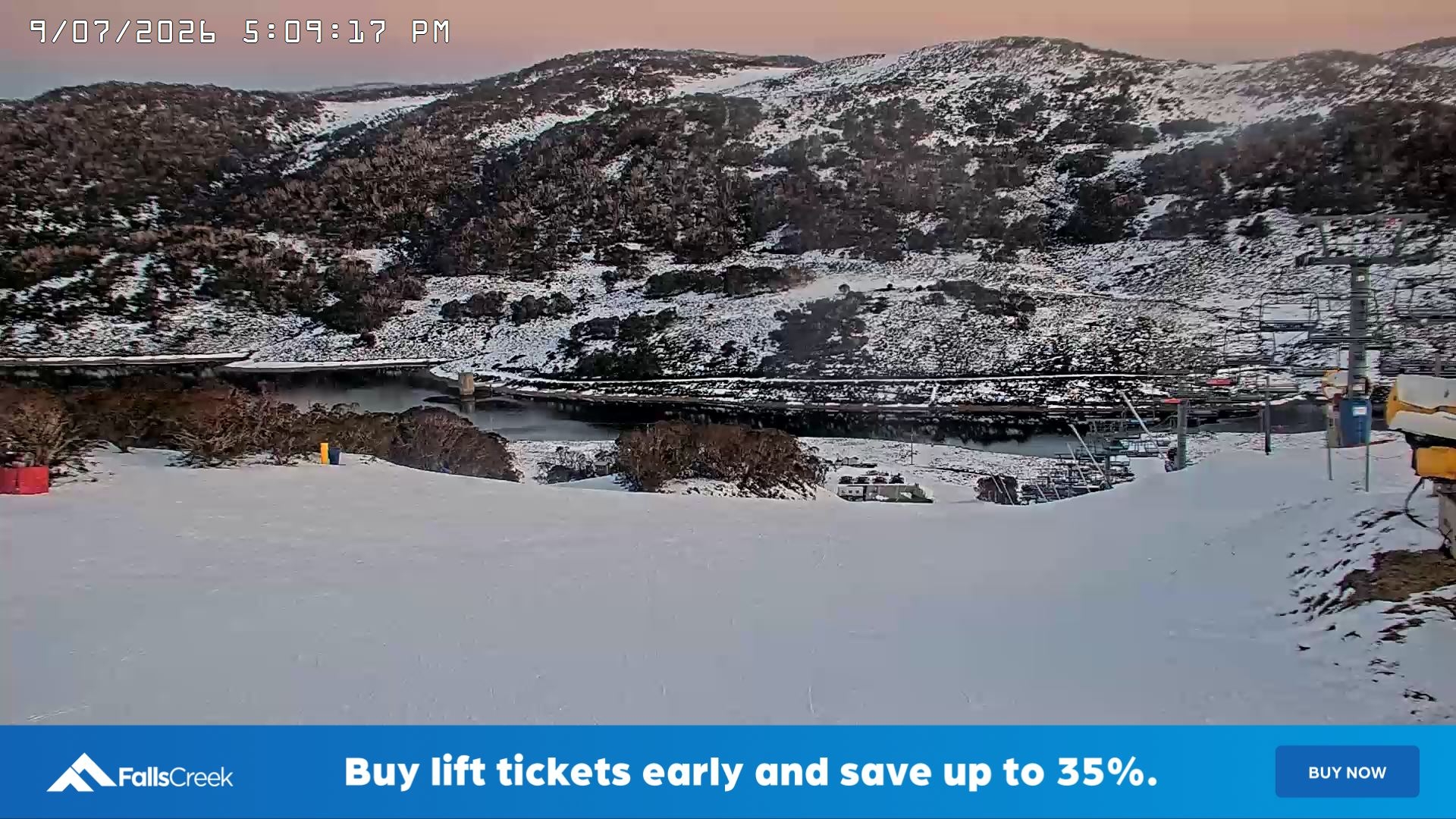 Falls Creek Main Street snow cam captured at 9 July 2026 at 5:14 pm AEST
