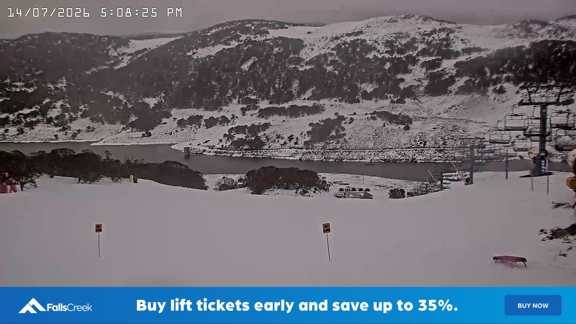 Falls Creek Main Street snow cam captured at 14 July 2026 at 5:17 pm AEST