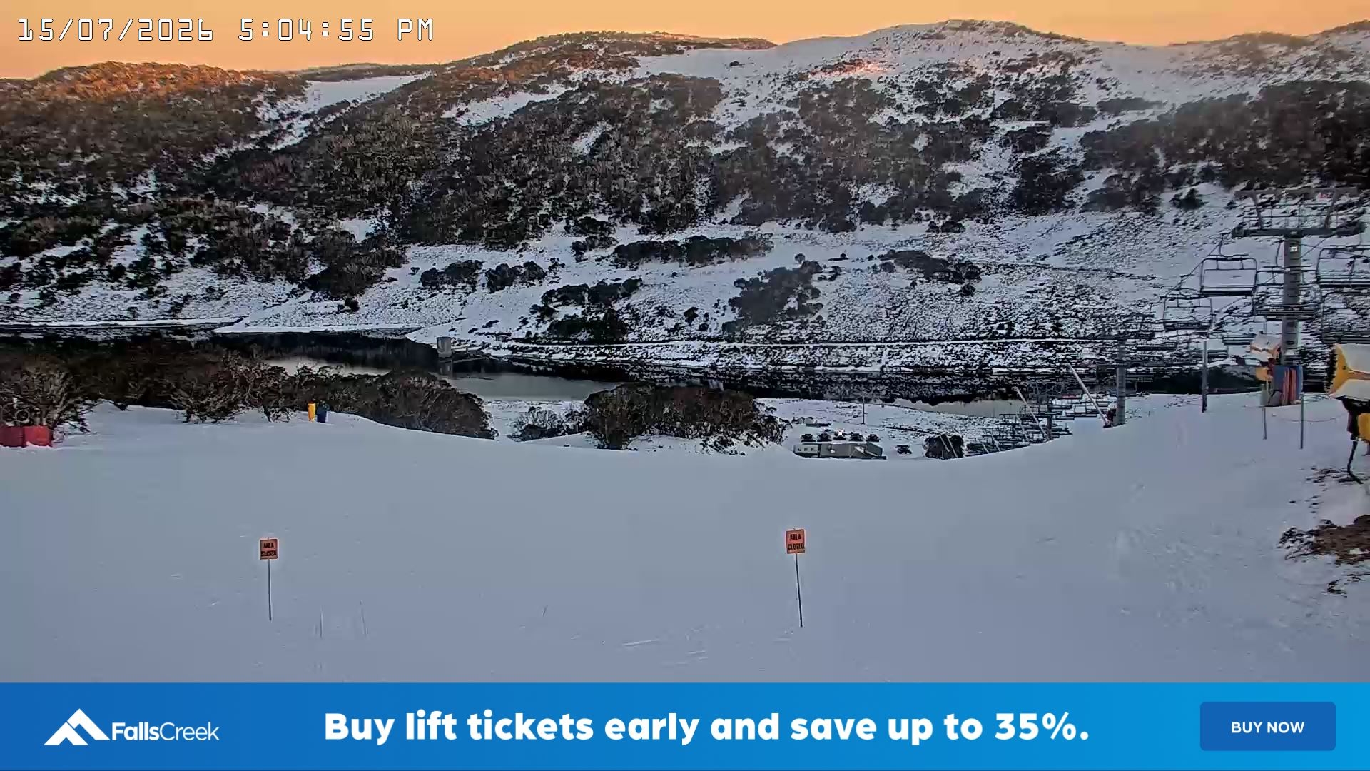 Falls Creek Main Street snow cam captured at 15 July 2026 at 5:18 pm AEST