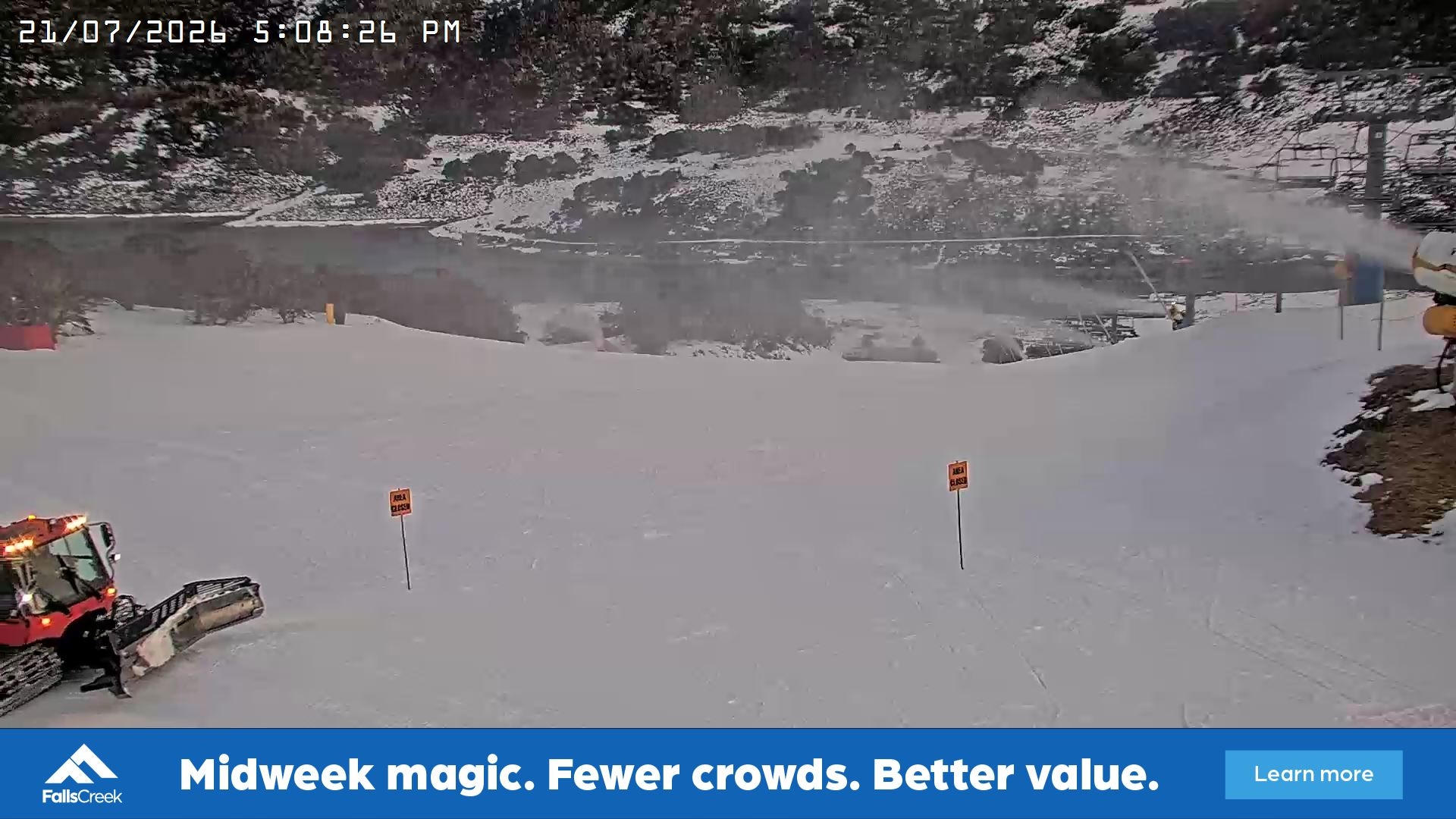 Falls Creek Main Street snow cam captured at 21 July 2026 at 5:15 pm AEST