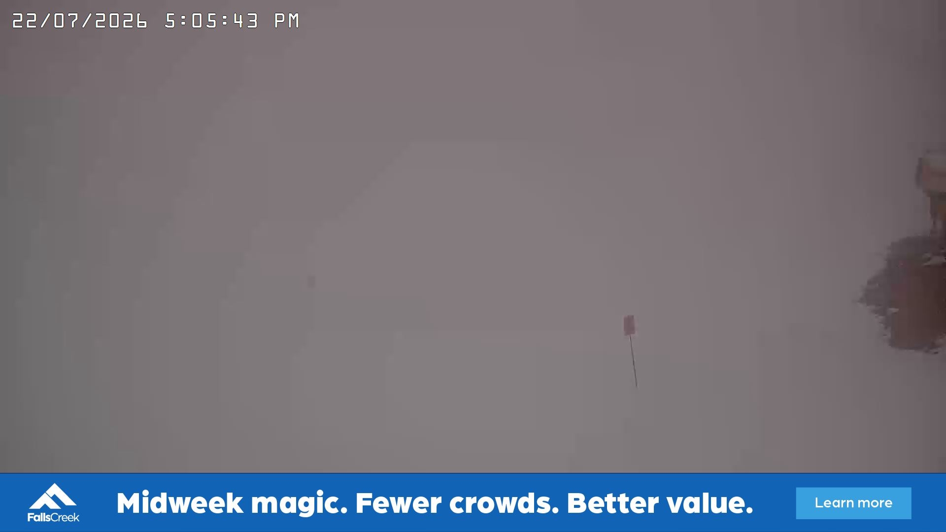 Falls Creek Main Street snow cam captured at 22 July 2026 at 5:16 pm AEST