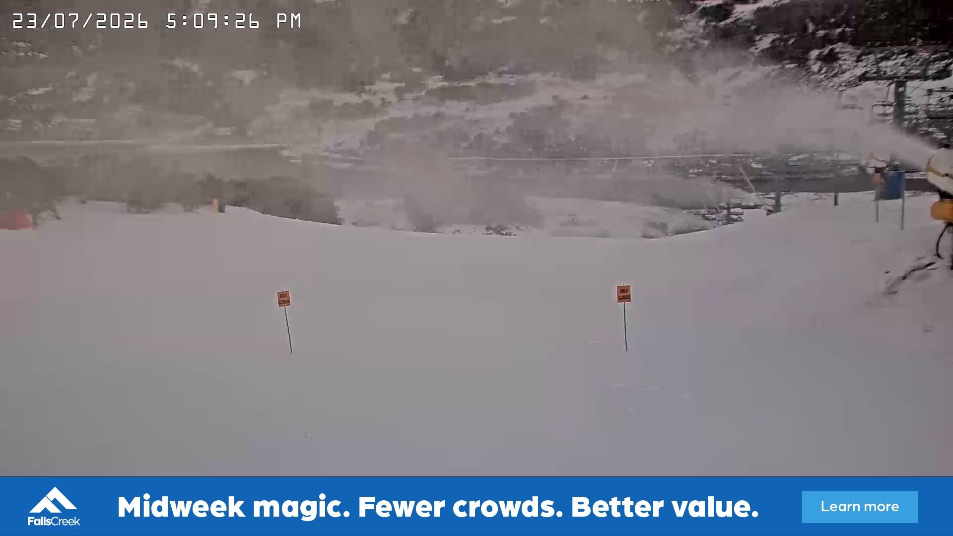 Falls Creek Main Street snow cam captured at 23 July 2026 at 5:17 pm AEST