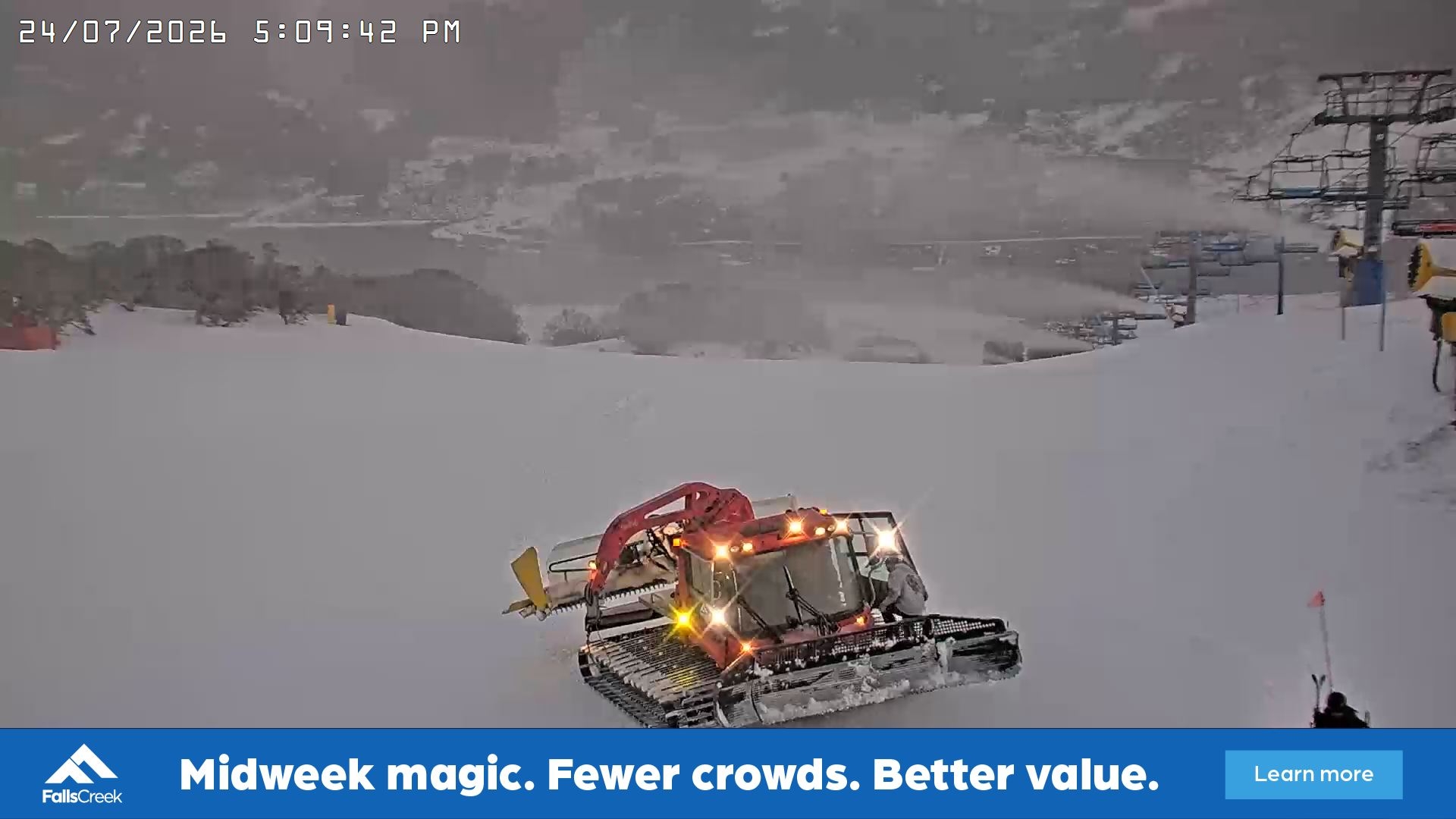 Falls Creek Main Street snow cam captured at 24 July 2026 at 5:18 pm AEST