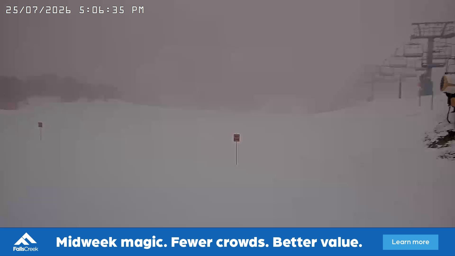 Falls Creek Main Street snow cam captured at 25 July 2026 at 5:20 pm AEST