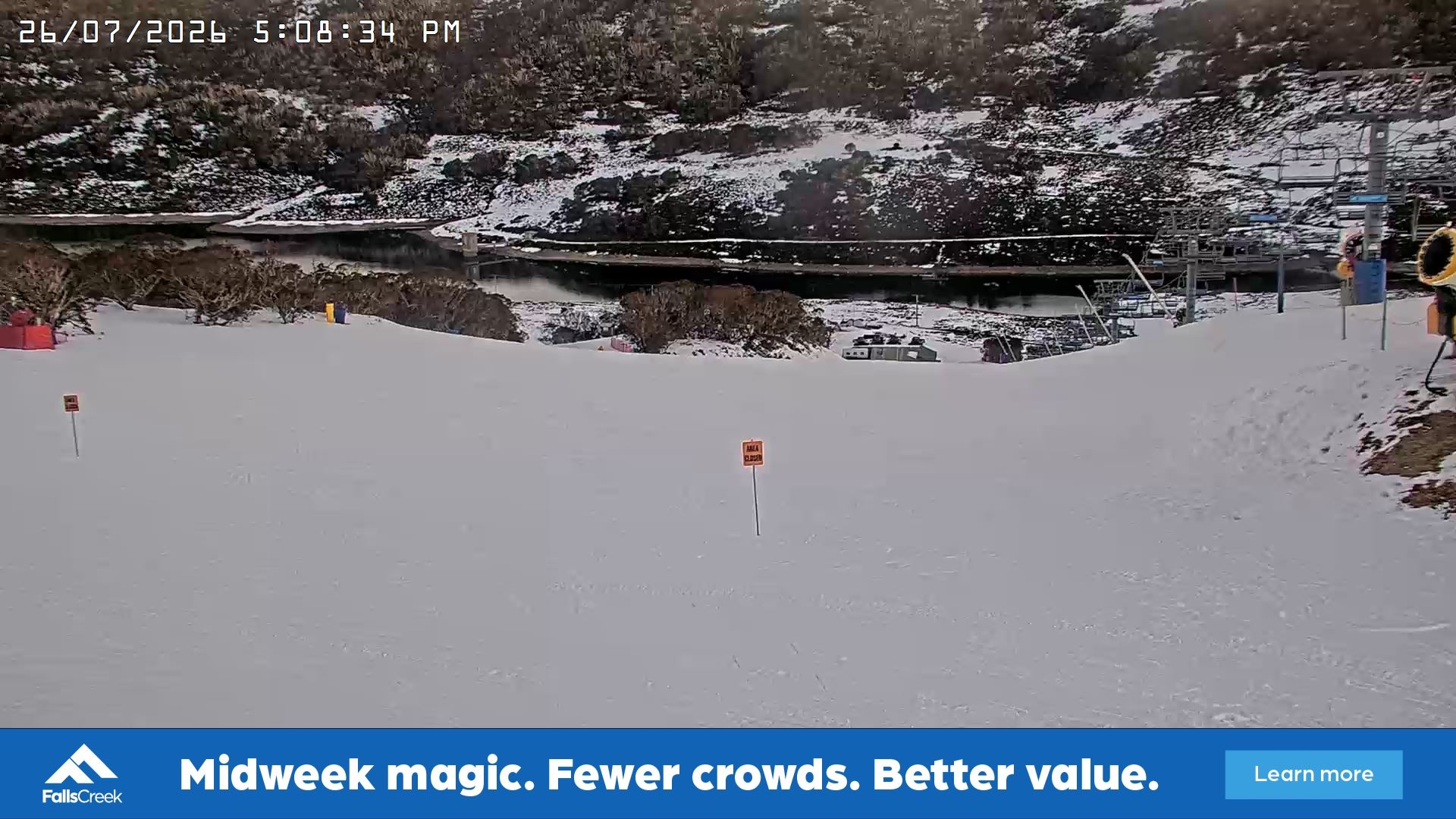Falls Creek Main Street snow cam captured at 26 July 2026 at 5:21 pm AEST