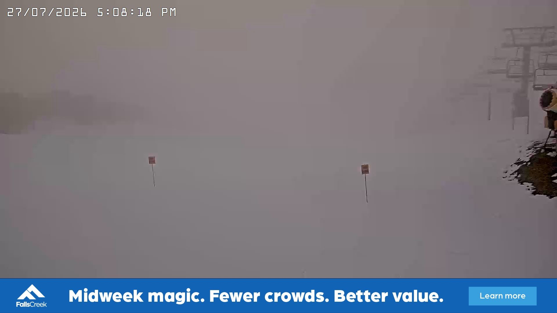 Falls Creek Main Street snow cam captured at 27 July 2026 at 5:11 pm AEST