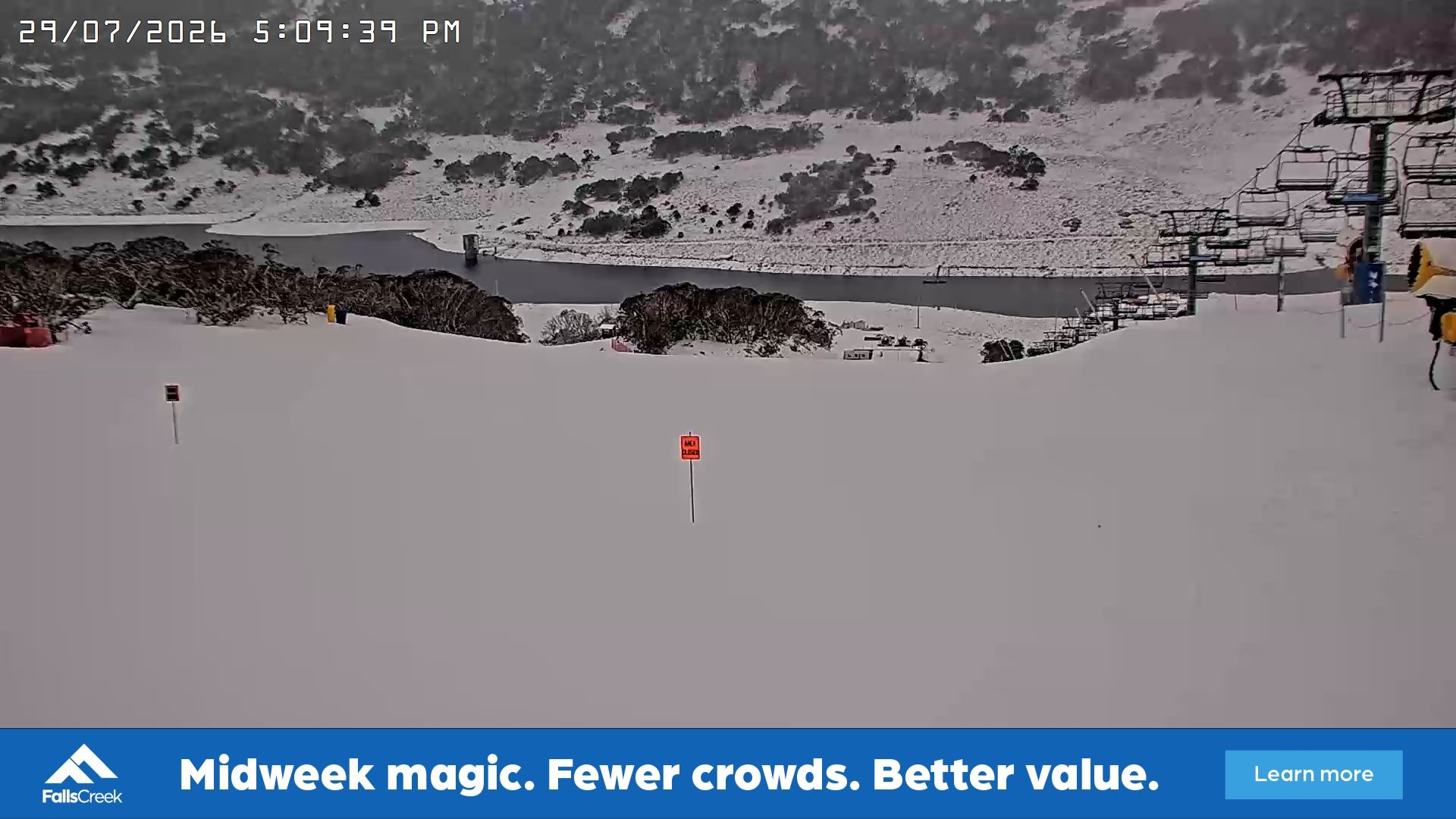 Falls Creek Main Street snow cam captured at 29 July 2026 at 5:13 pm AEST