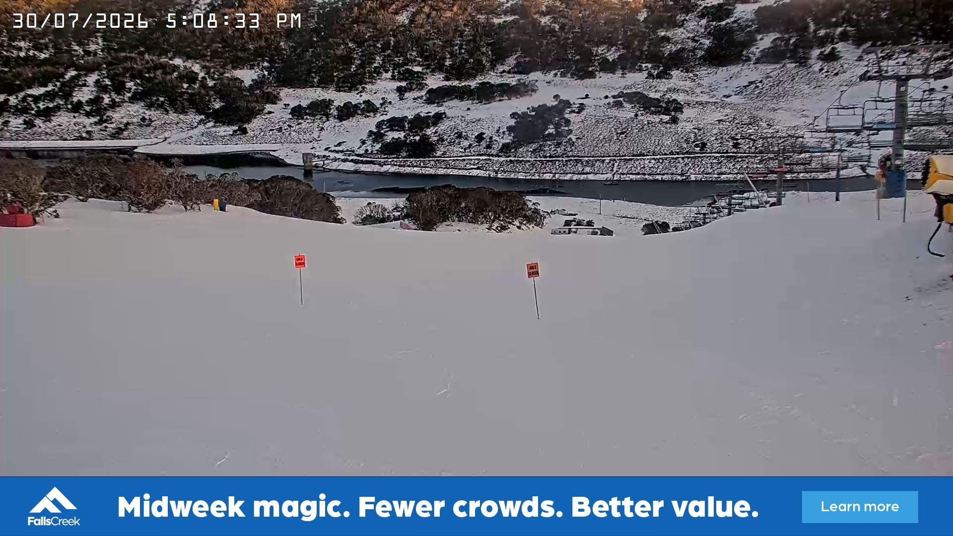 Falls Creek Main Street snow cam captured at 30 July 2026 at 5:13 pm AEST