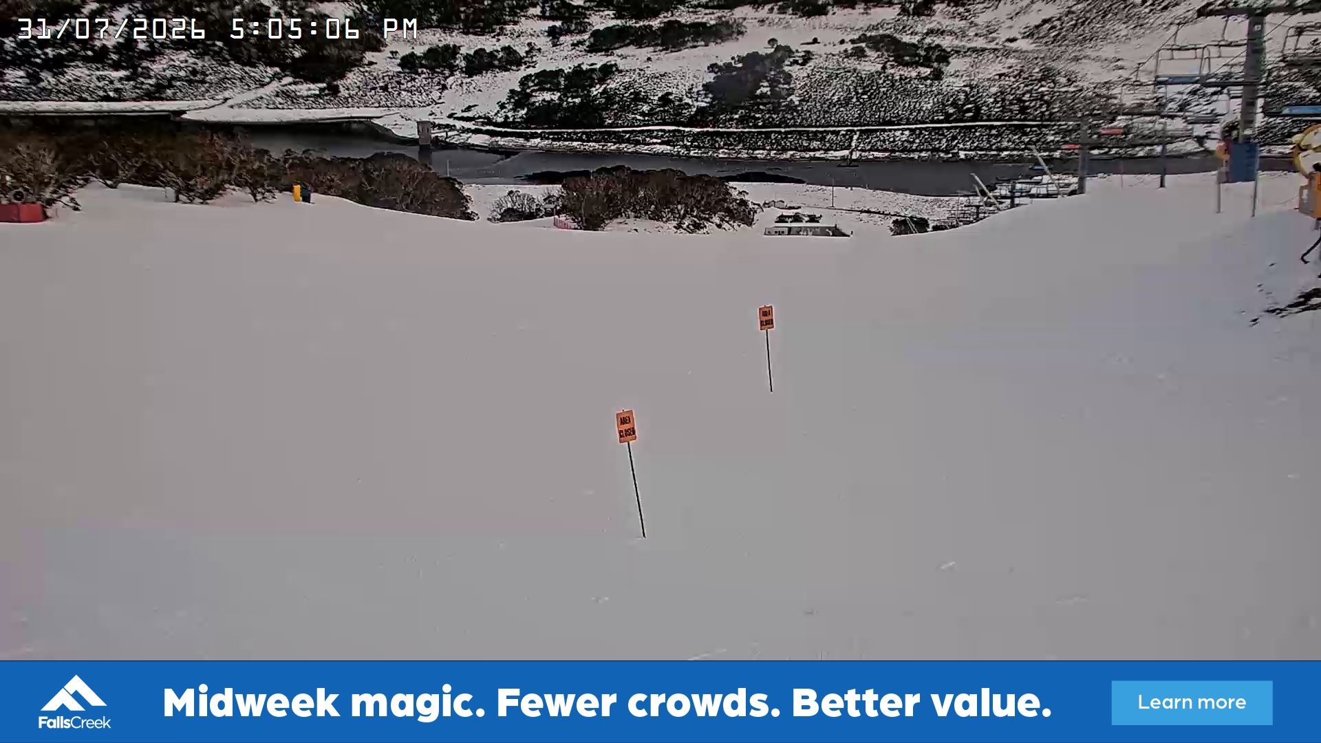 Falls Creek Main Street snow cam captured at 31 July 2026 at 5:14 pm AEST
