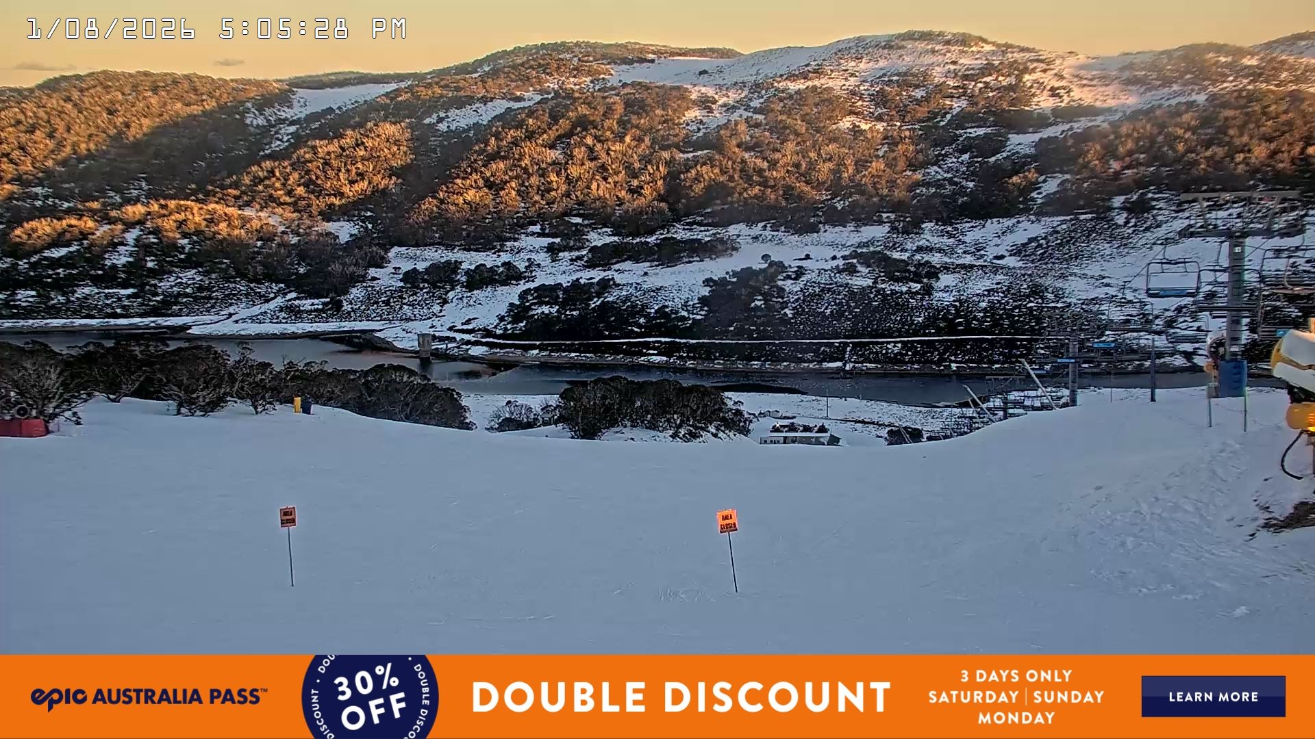 Falls Creek Main Street snow cam captured at 1 August 2026 at 5:19 pm AEST
