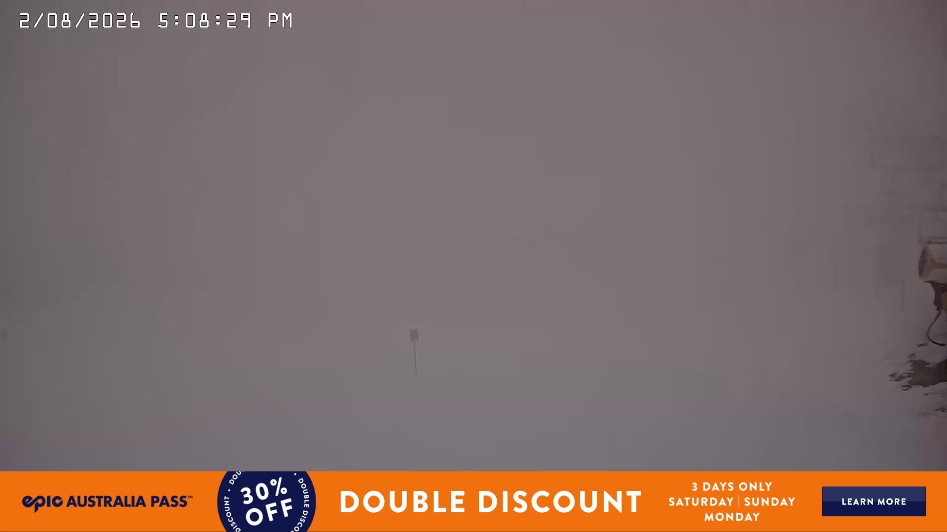 Falls Creek Main Street snow cam captured at 2 August 2026 at 5:12 pm AEST