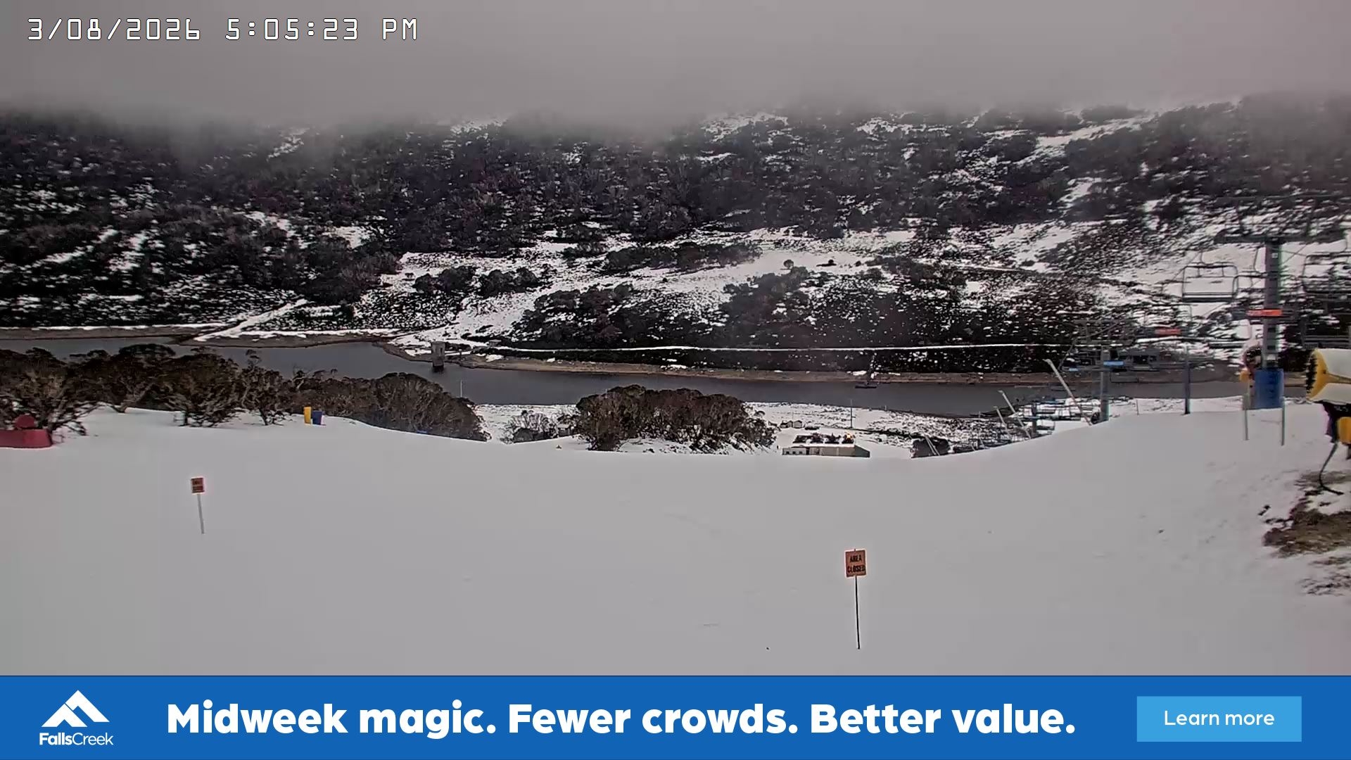 Falls Creek Main Street snow cam captured at 3 August 2026 at 5:16 pm AEST